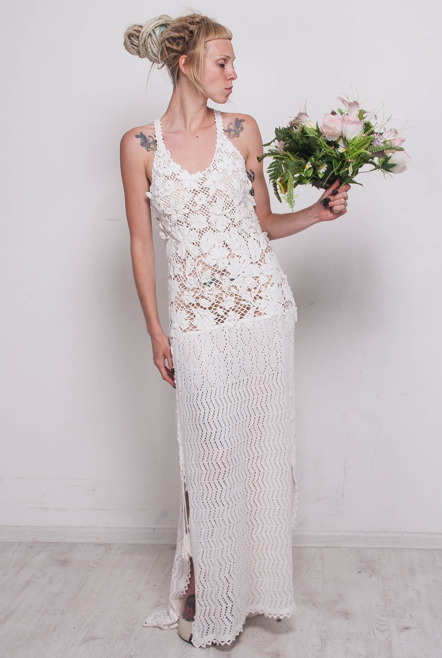 White Crochet Irish Lace Wedding Dress – Handmade Bridal Maxi Lace Gown