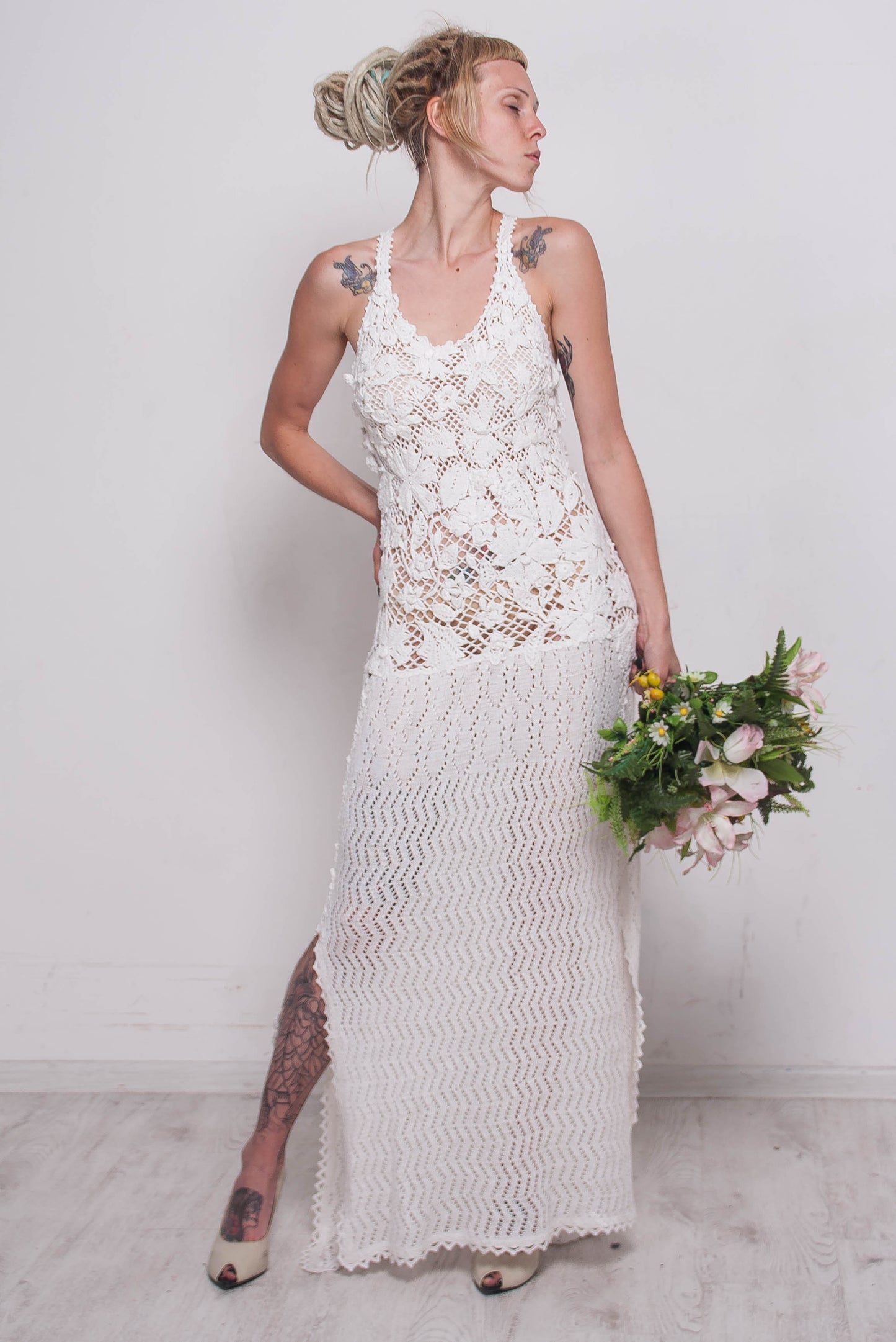 White Crochet Irish Lace Wedding Dress – Handmade Bridal Maxi Lace Gown