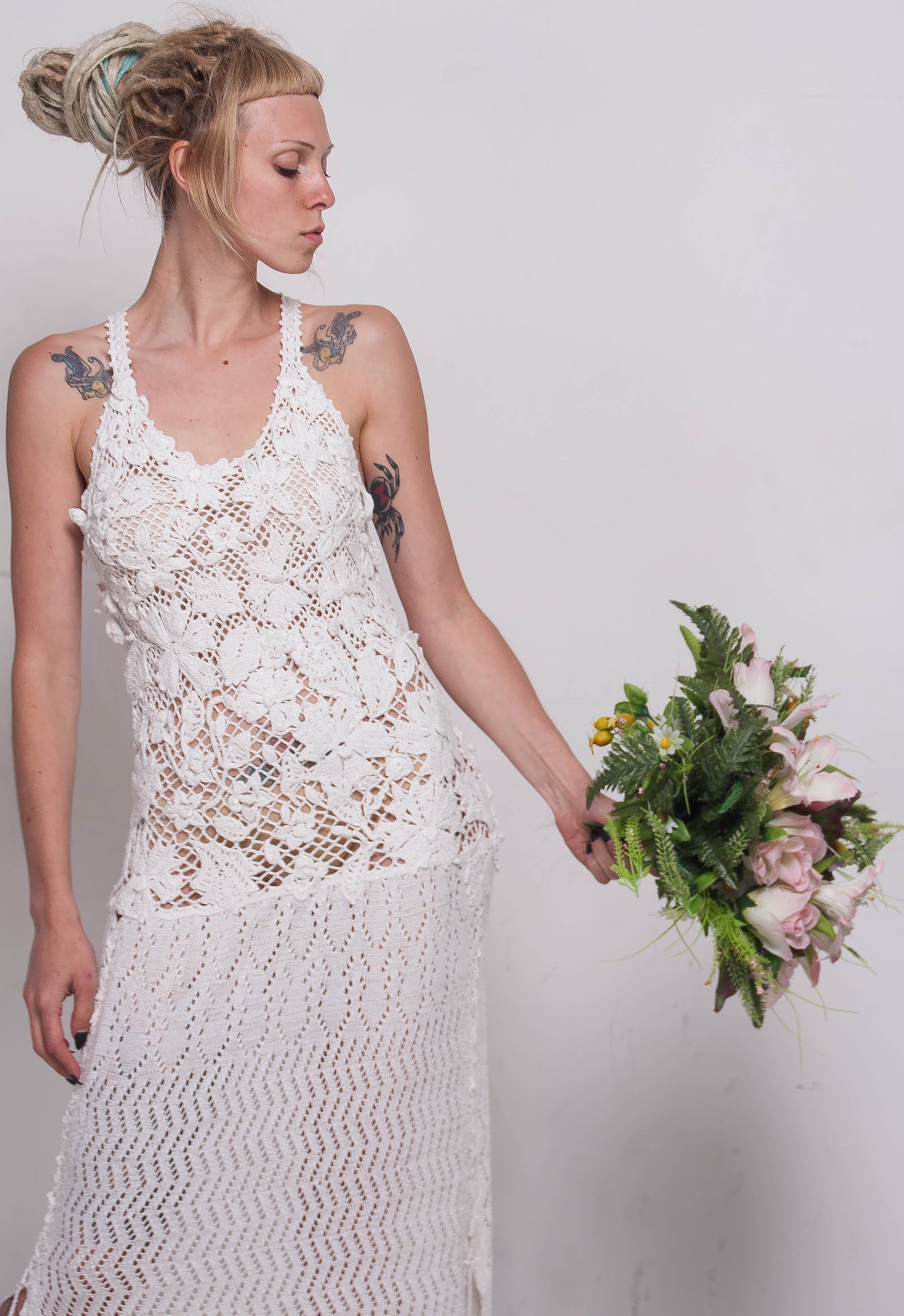 White Crochet Irish Lace Wedding Dress – Handmade Bridal Maxi Lace Gown