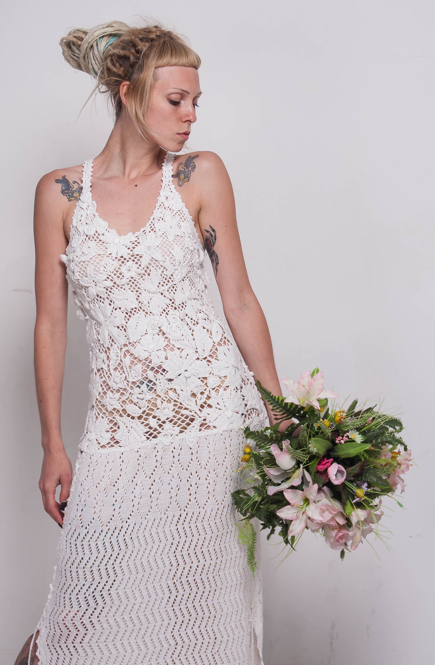 White Crochet Irish Lace Wedding Dress – Handmade Bridal Maxi Lace Gown
