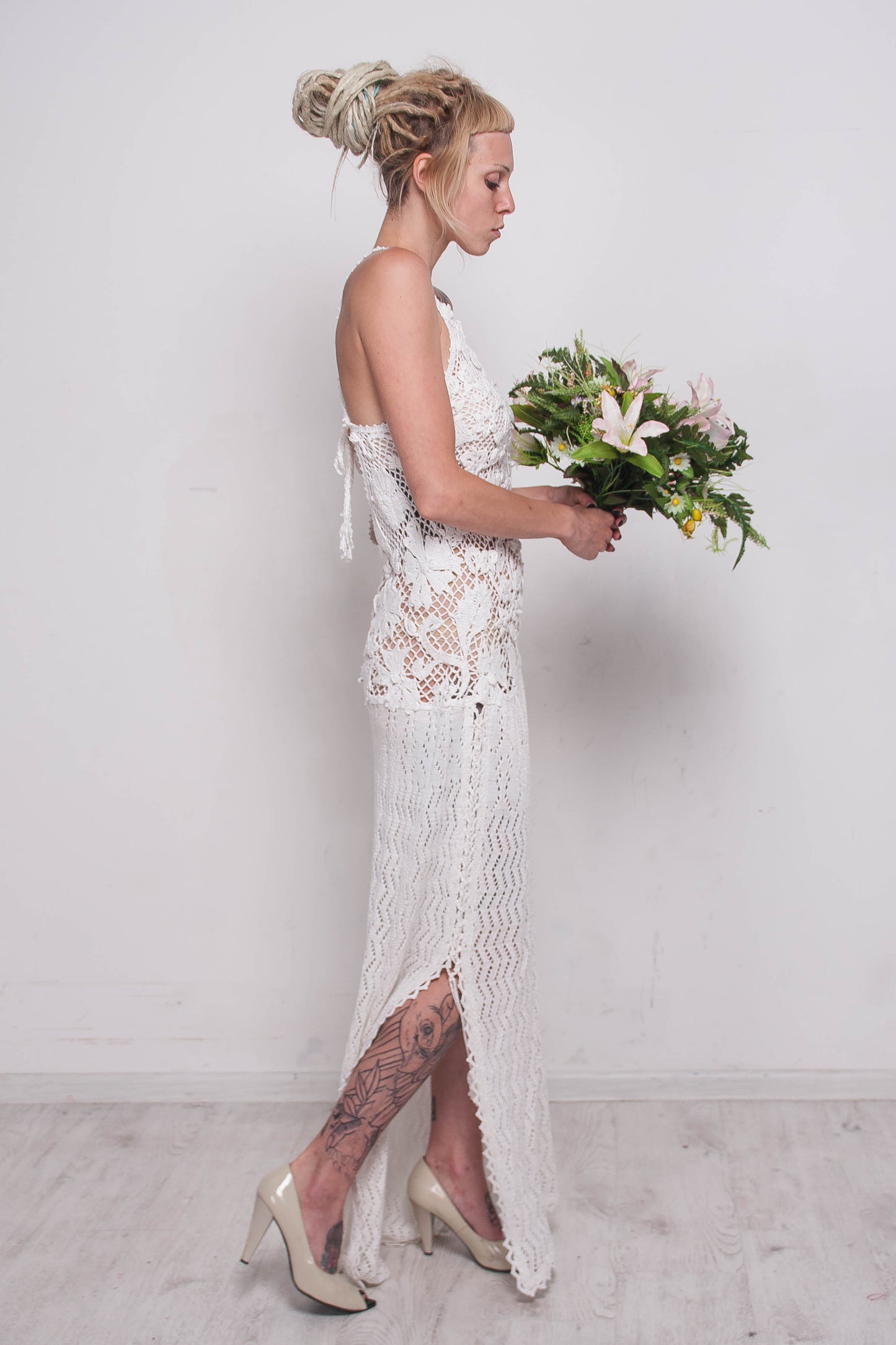 White Crochet Irish Lace Wedding Dress – Handmade Bridal Maxi Lace Gown