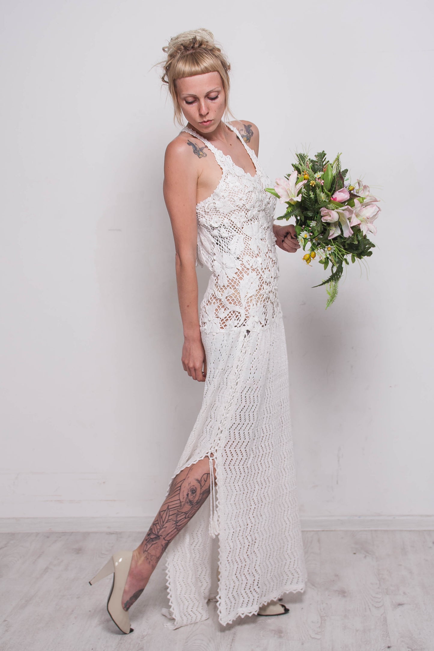 White Crochet Irish Lace Wedding Dress – Handmade Bridal Maxi Lace Gown