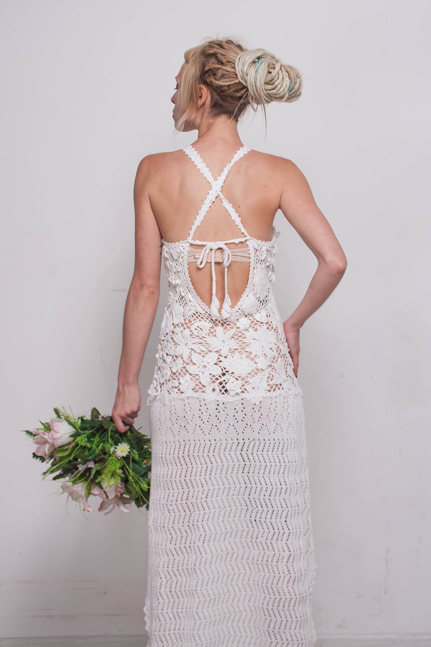 White Crochet Irish Lace Wedding Dress – Handmade Bridal Maxi Lace Gown