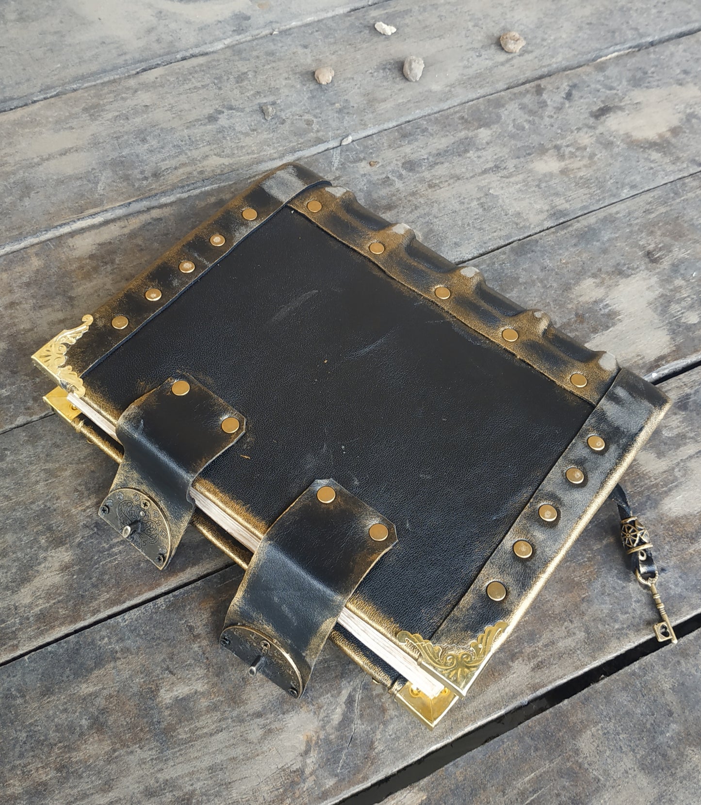 Black Leather Journal with Double Locks – Handmade Vintage Grimoire Book of Shadows Notebook