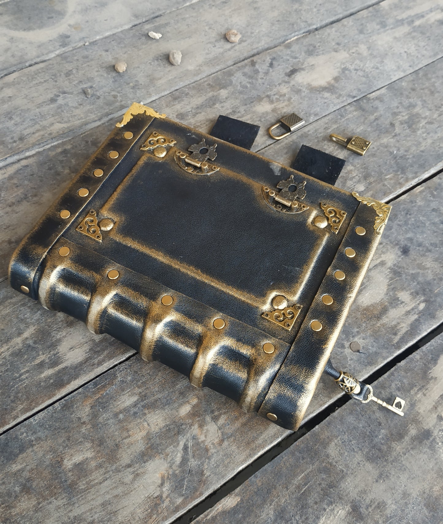 Black Leather Journal with Double Locks – Handmade Vintage Grimoire Book of Shadows Notebook