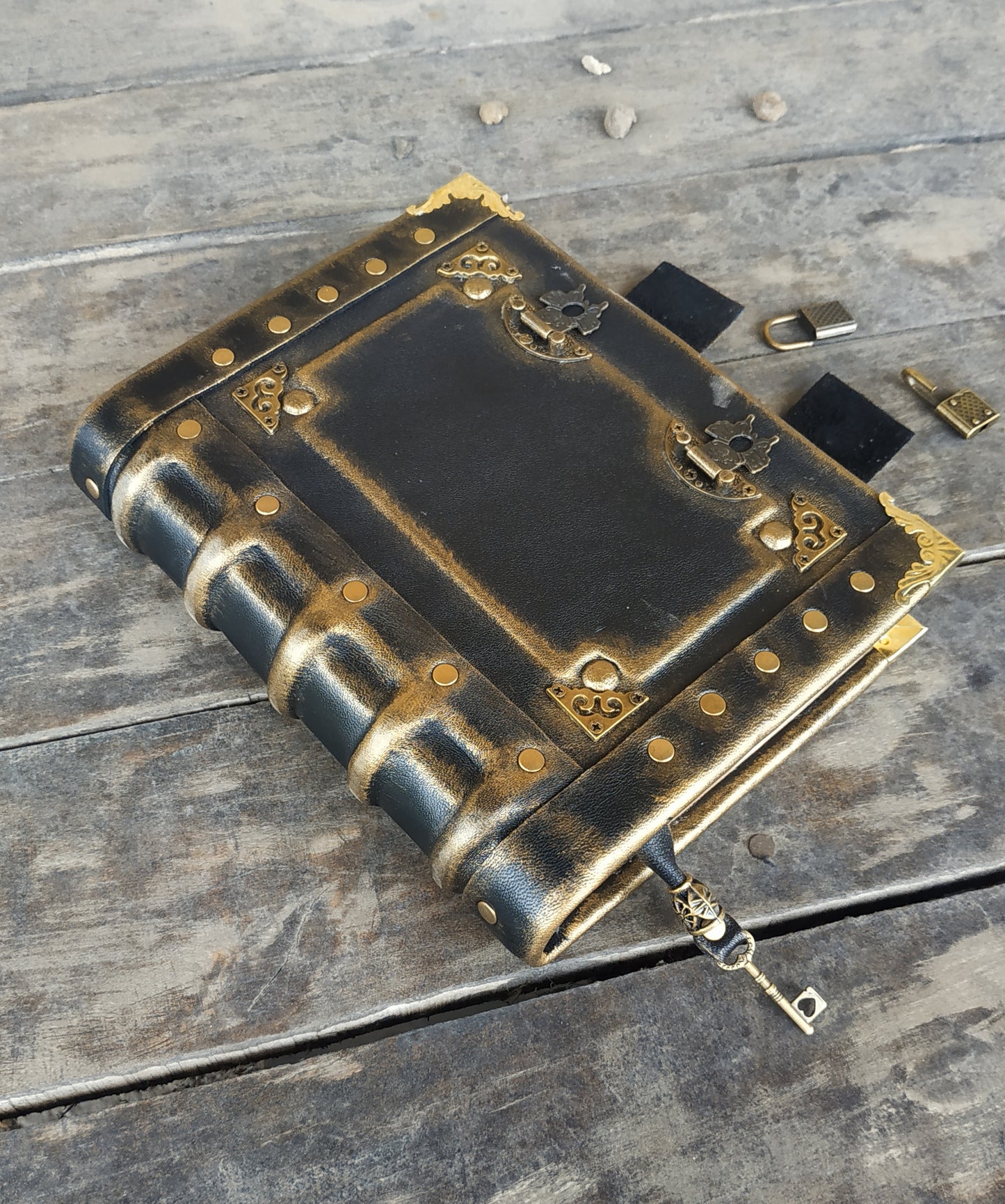 Black Leather Journal with Double Locks – Handmade Vintage Grimoire Book of Shadows Notebook