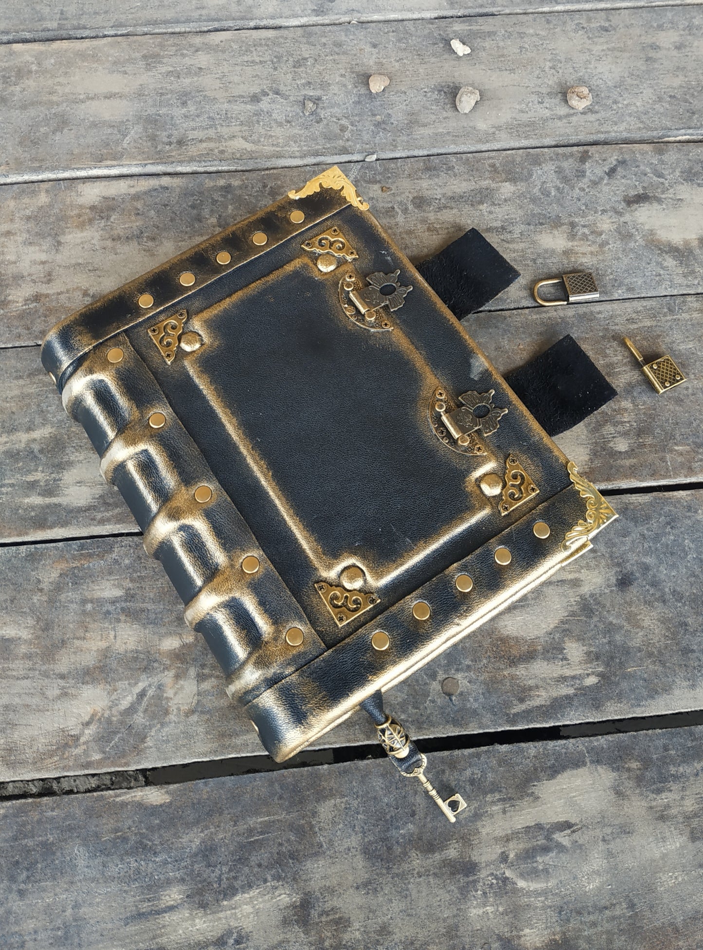 Black Leather Journal with Double Locks – Handmade Vintage Grimoire Book of Shadows Notebook