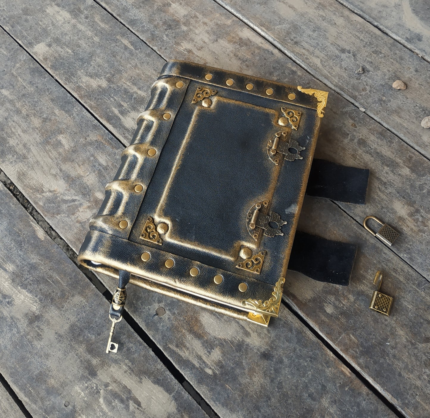 Black Leather Journal with Double Locks – Handmade Vintage Grimoire Book of Shadows Notebook
