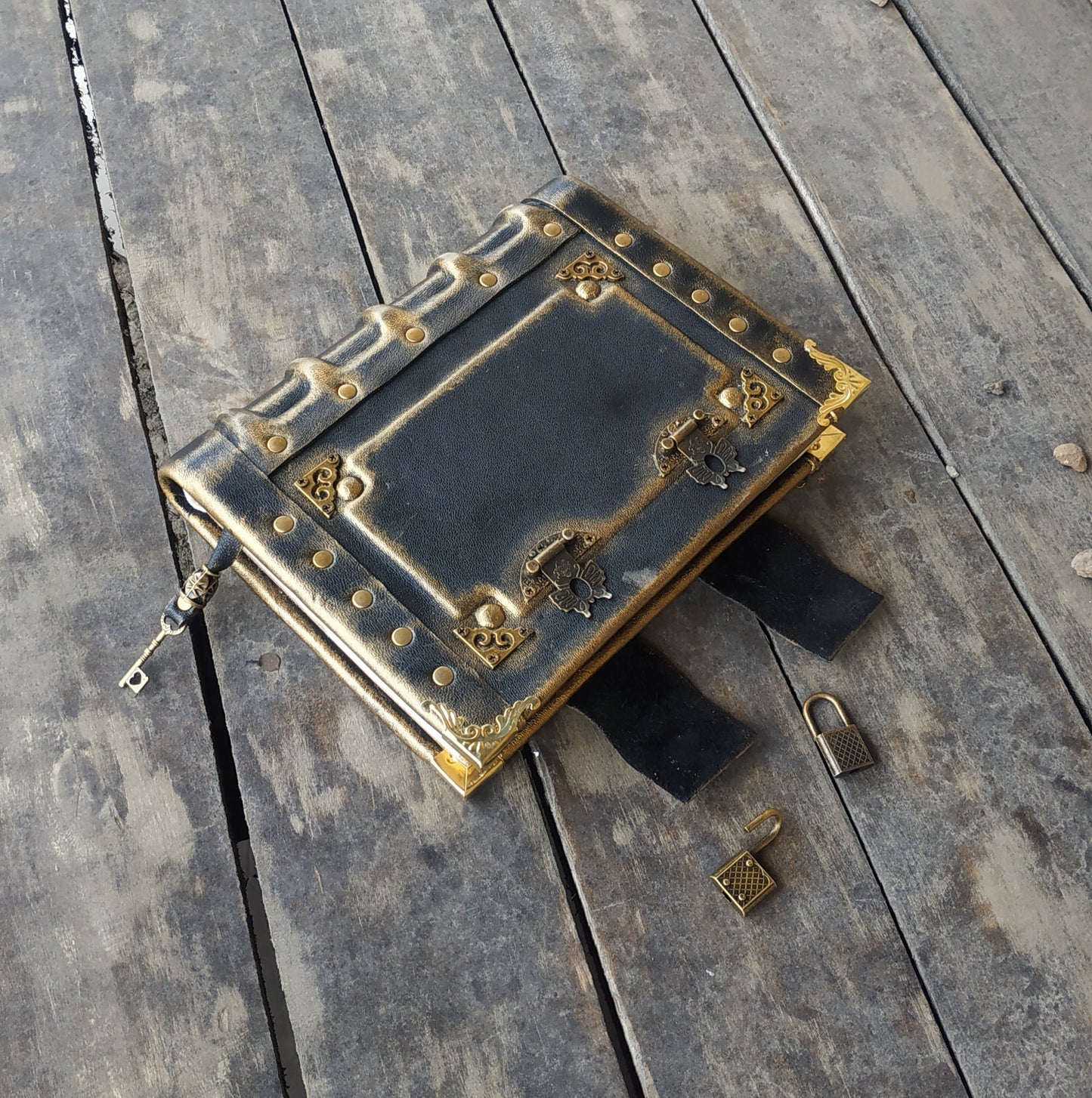 Black Leather Journal with Double Locks – Handmade Vintage Grimoire Book of Shadows Notebook