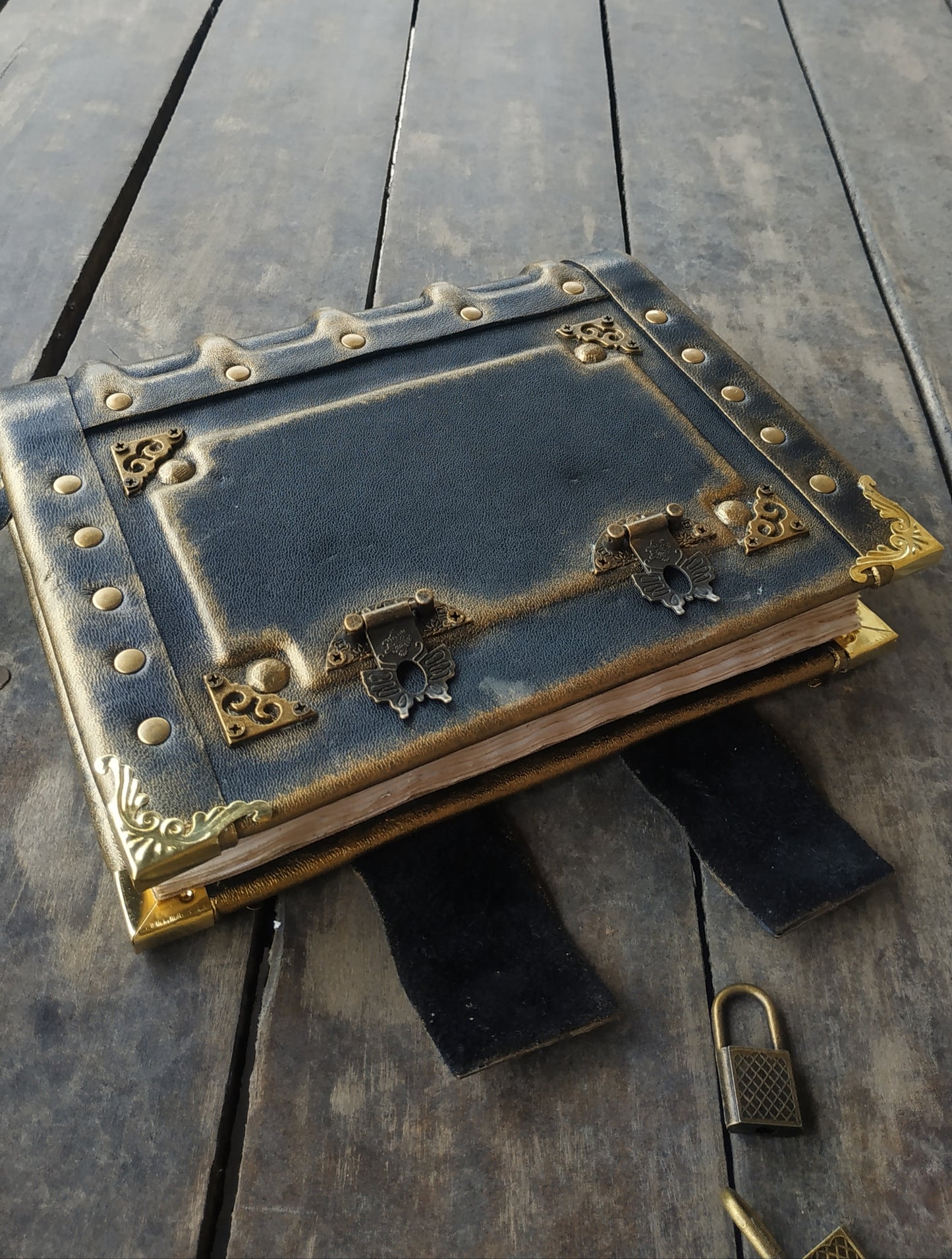 Black Leather Journal with Double Locks – Handmade Vintage Grimoire Book of Shadows Notebook