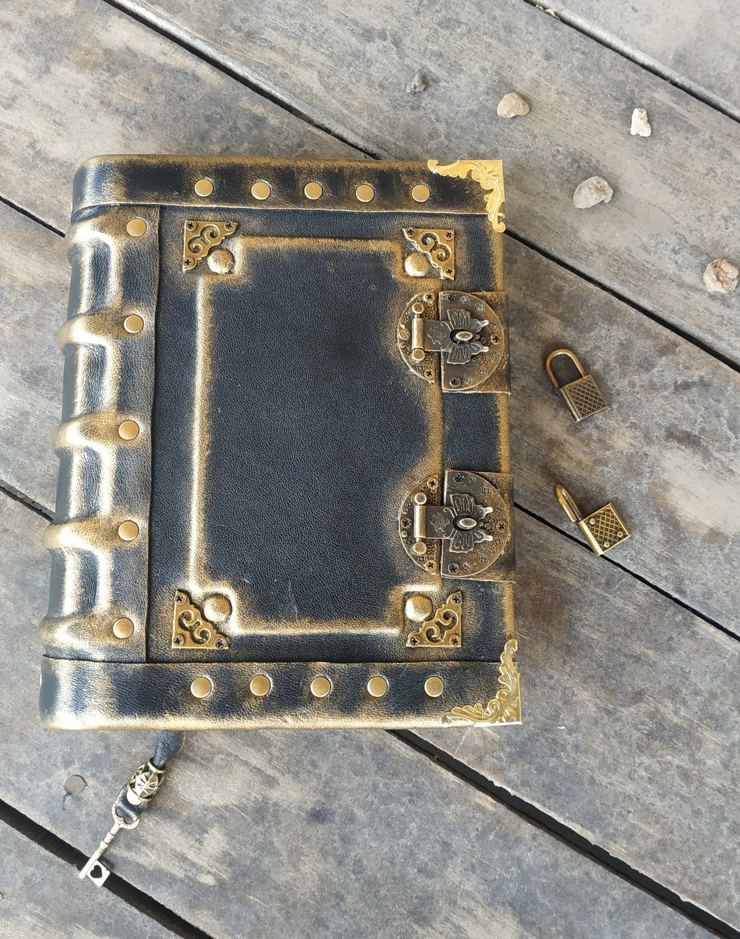 Black Leather Journal with Double Locks – Handmade Vintage Grimoire Book of Shadows Notebook