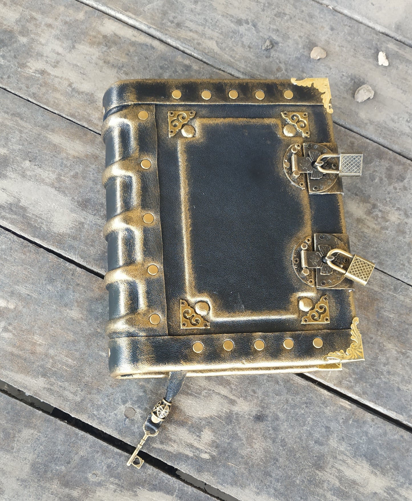 Black Leather Journal with Double Locks – Handmade Vintage Grimoire Book of Shadows Notebook