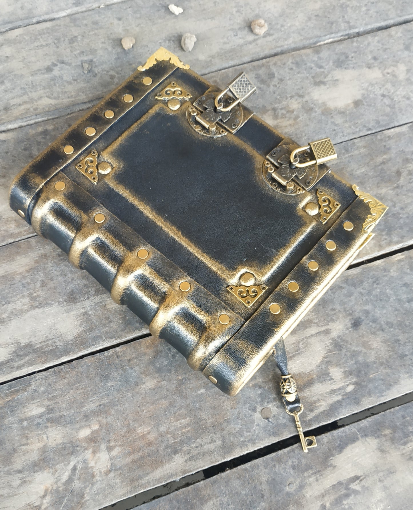 Black Leather Journal with Double Locks – Handmade Vintage Grimoire Book of Shadows Notebook
