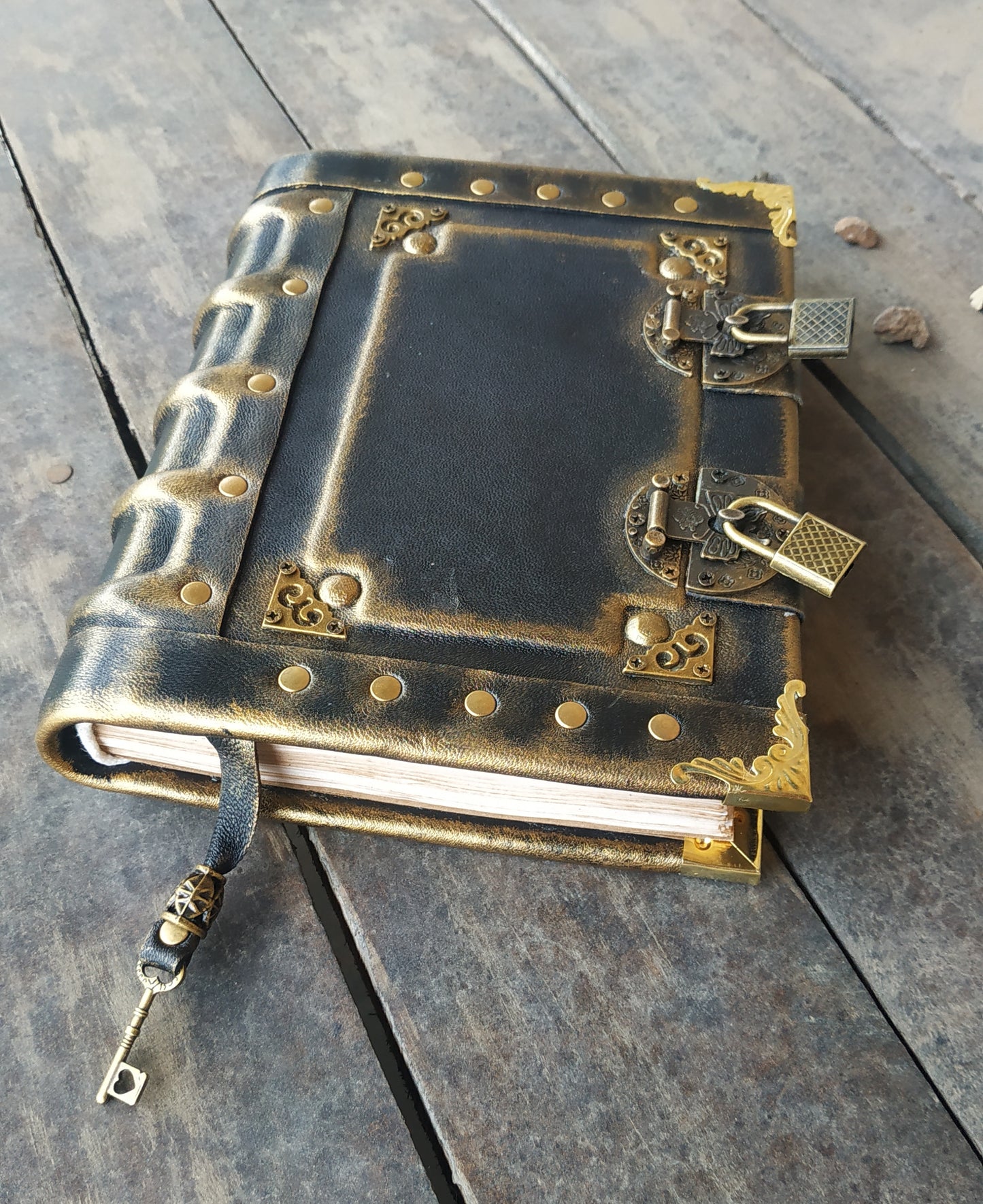 Black Leather Journal with Double Locks – Handmade Vintage Grimoire Book of Shadows Notebook