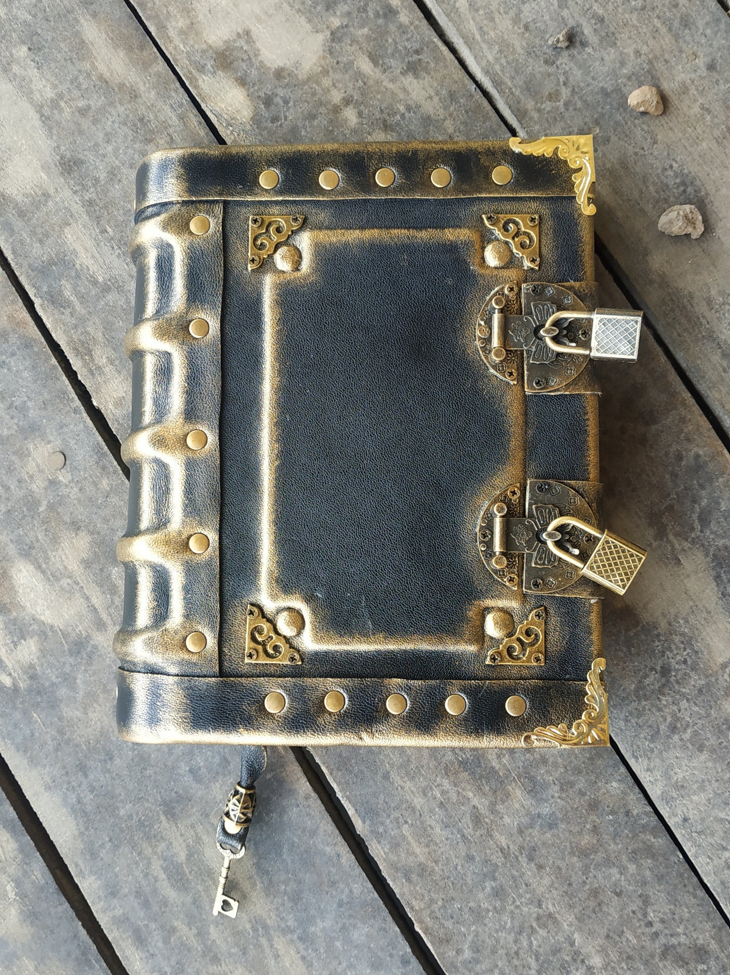 Black Leather Journal with Double Locks – Handmade Vintage Grimoire Book of Shadows Notebook