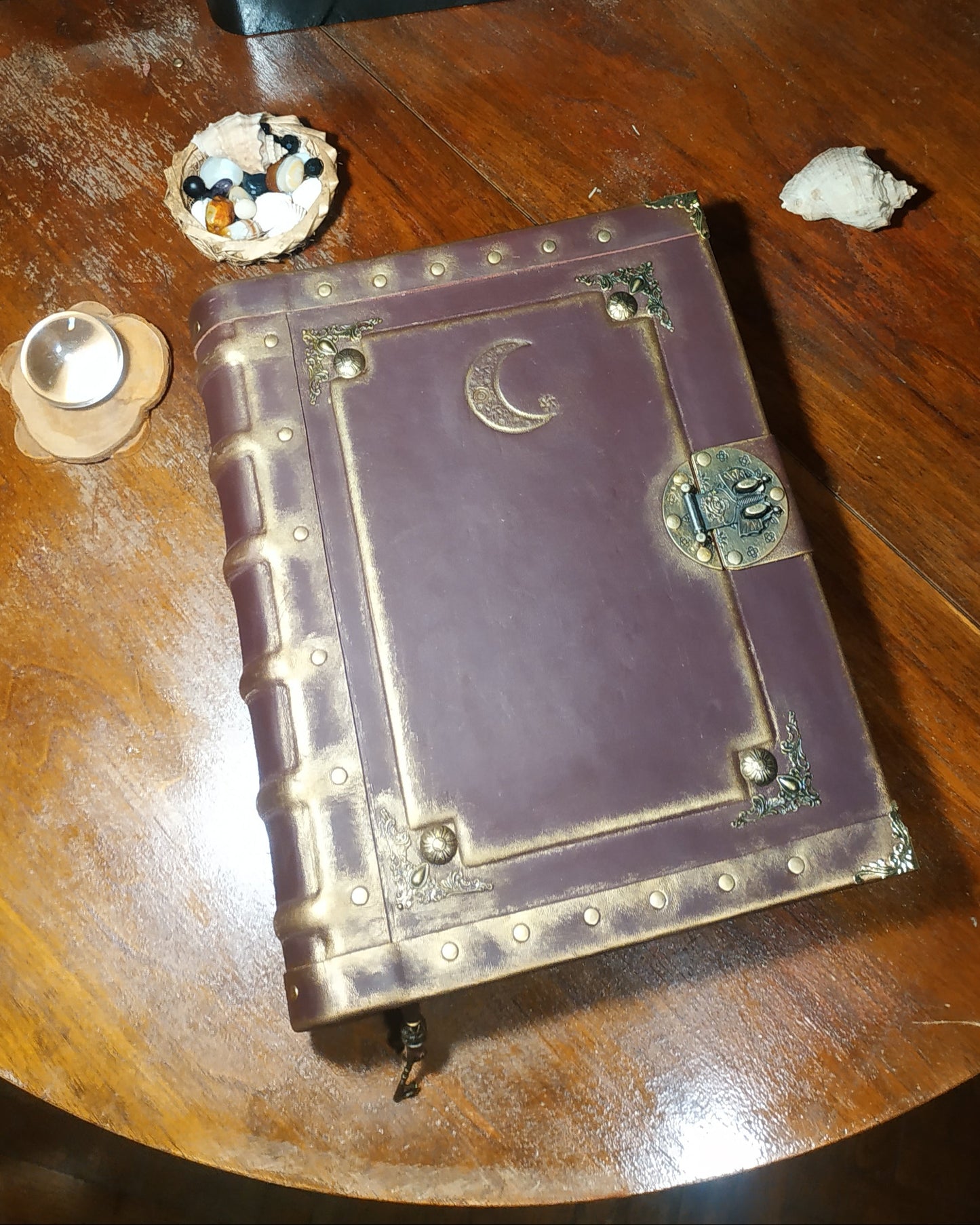 Personalized Bordeaux Leather Journal with Moon Engraving – Handmade Book of Shadows Grimoire