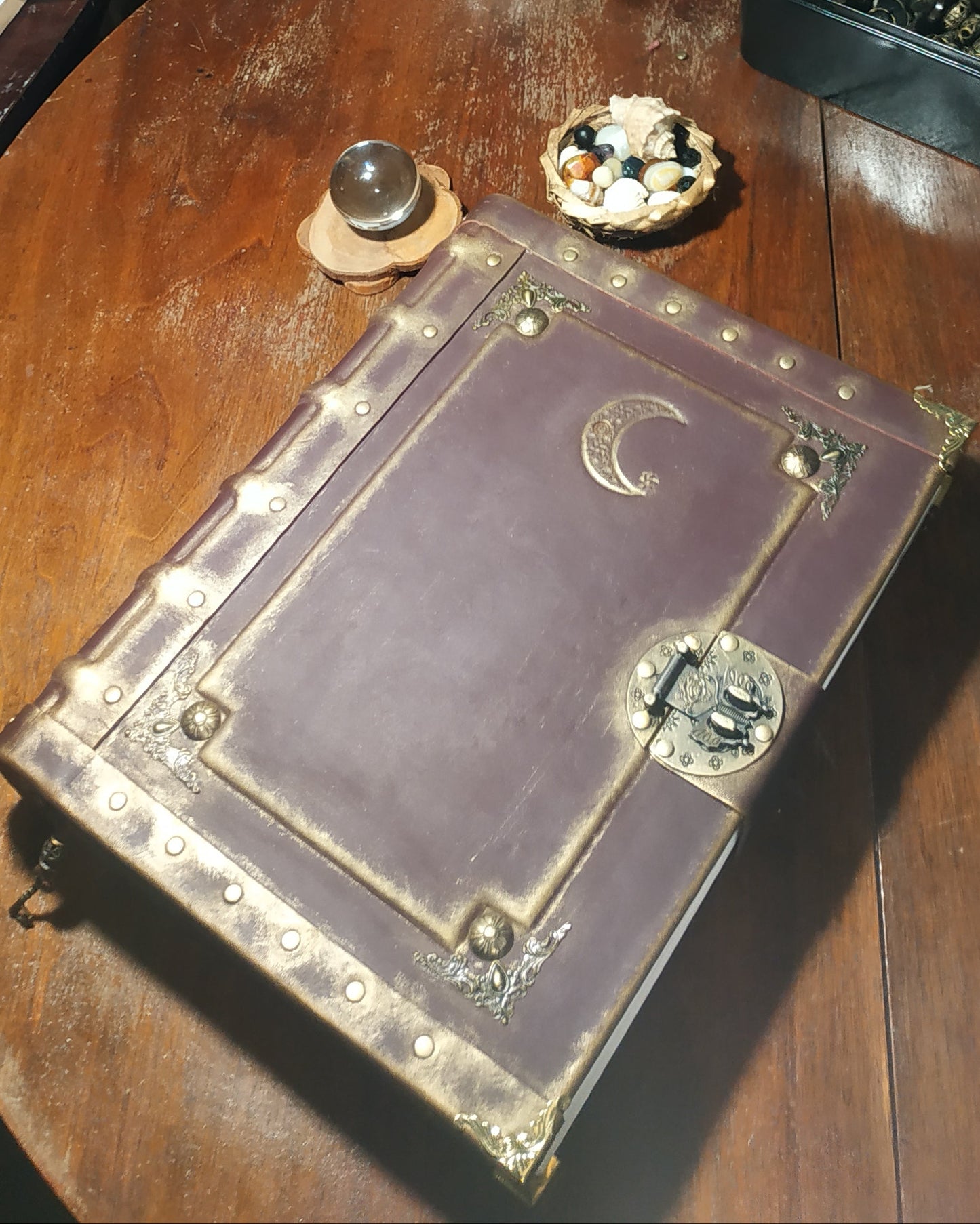 Personalized Bordeaux Leather Journal with Moon Engraving – Handmade Book of Shadows Grimoire