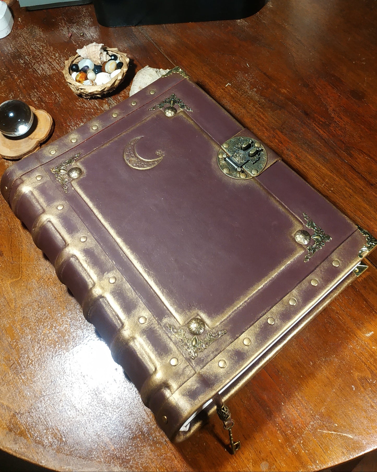 Personalized Bordeaux Leather Journal with Moon Engraving – Handmade Book of Shadows Grimoire