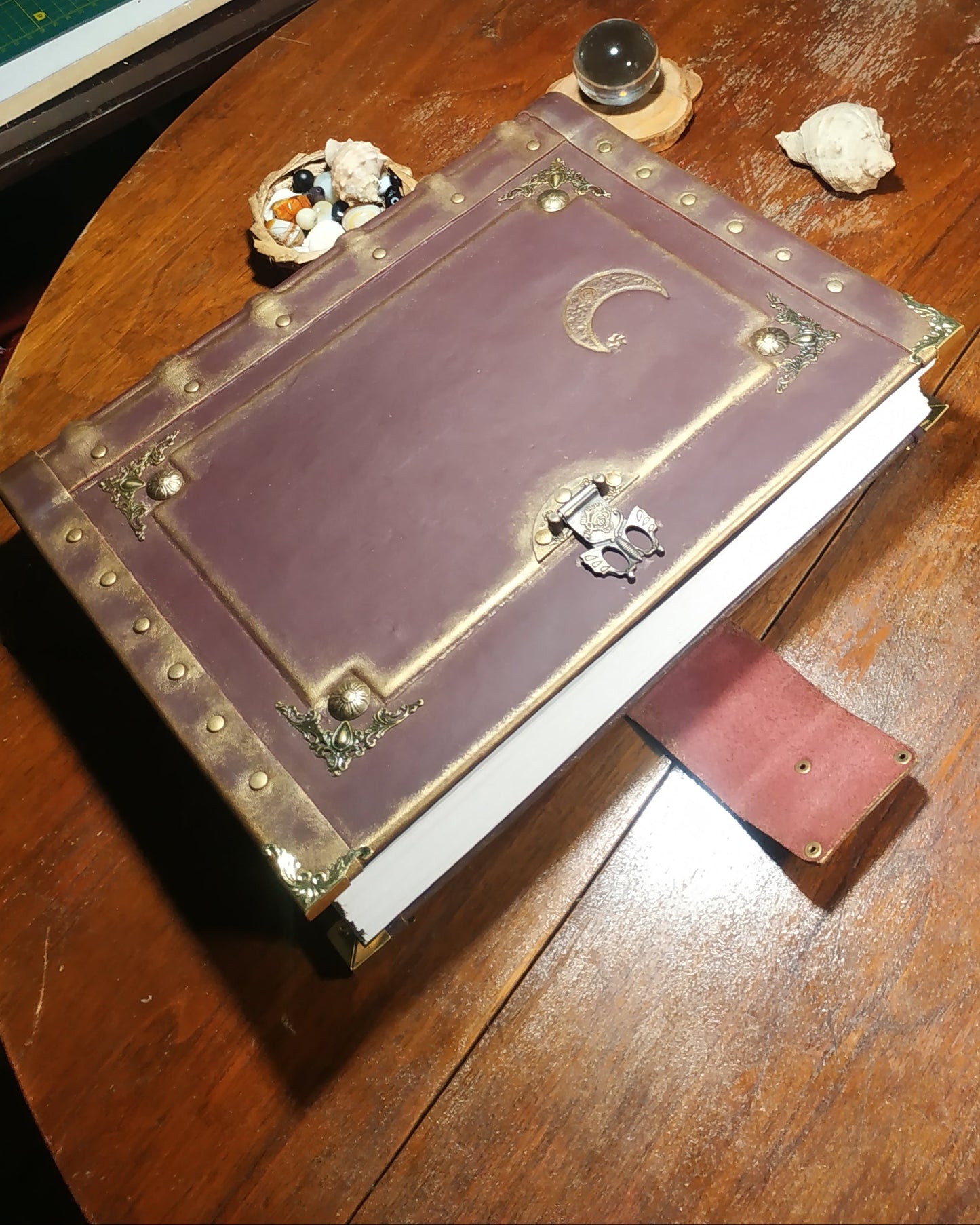 Personalized Bordeaux Leather Journal with Moon Engraving – Handmade Book of Shadows Grimoire