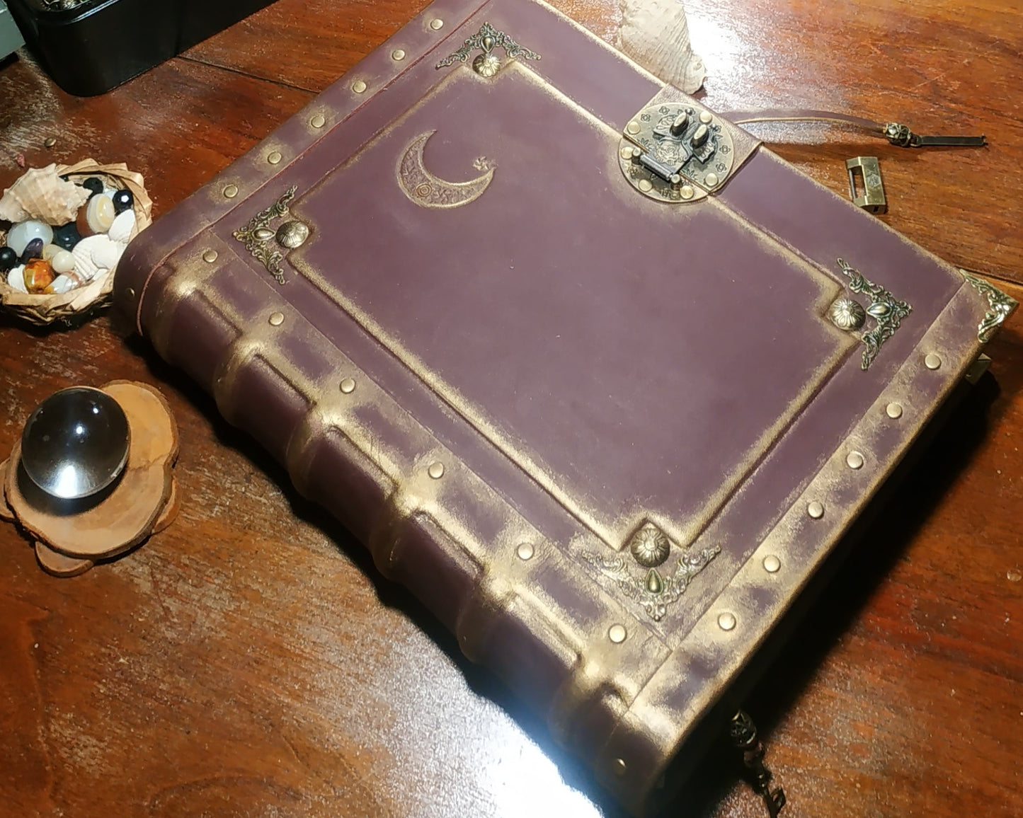 Personalized Bordeaux Leather Journal with Moon Engraving – Handmade Book of Shadows Grimoire
