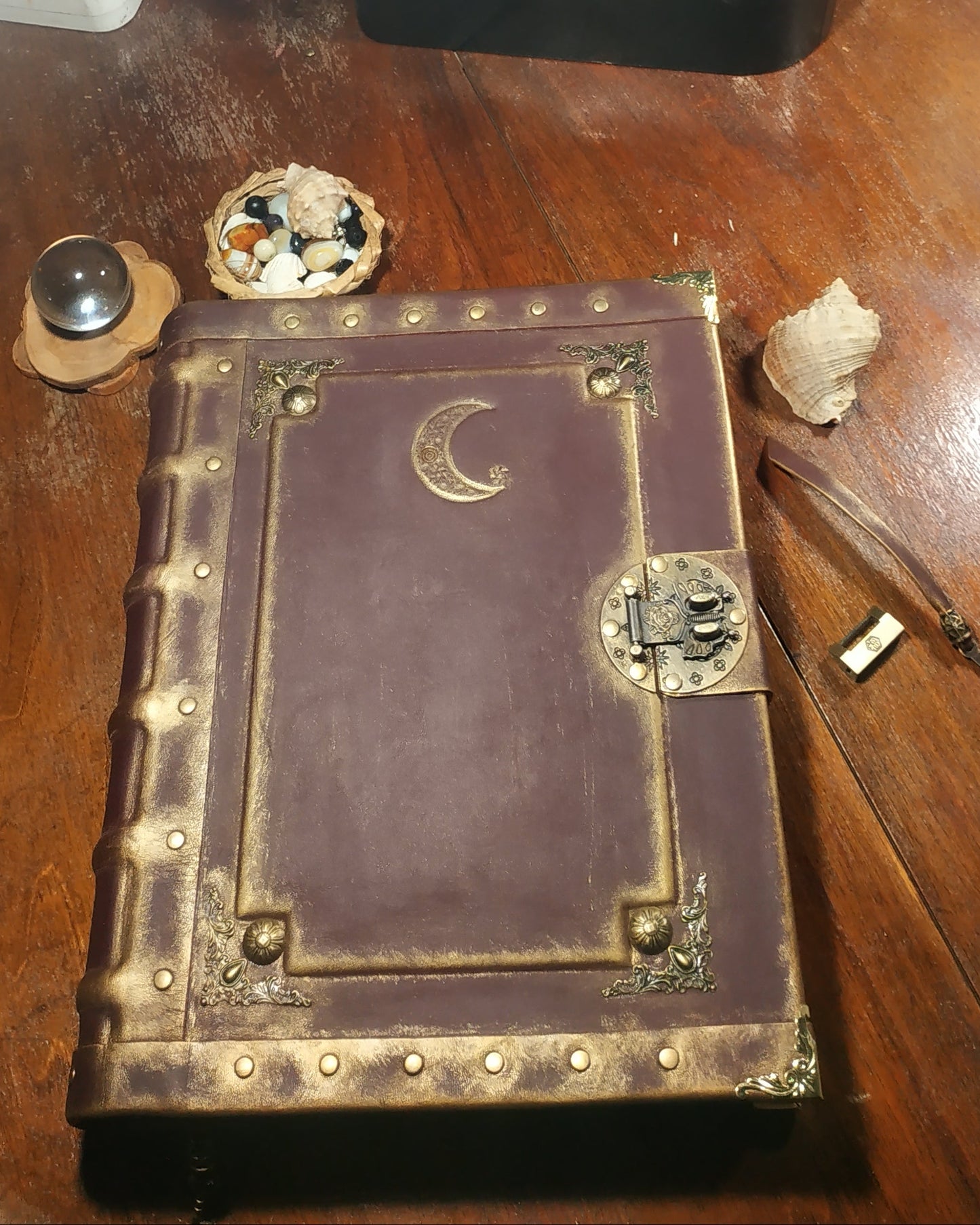 Personalized Bordeaux Leather Journal with Moon Engraving – Handmade Book of Shadows Grimoire