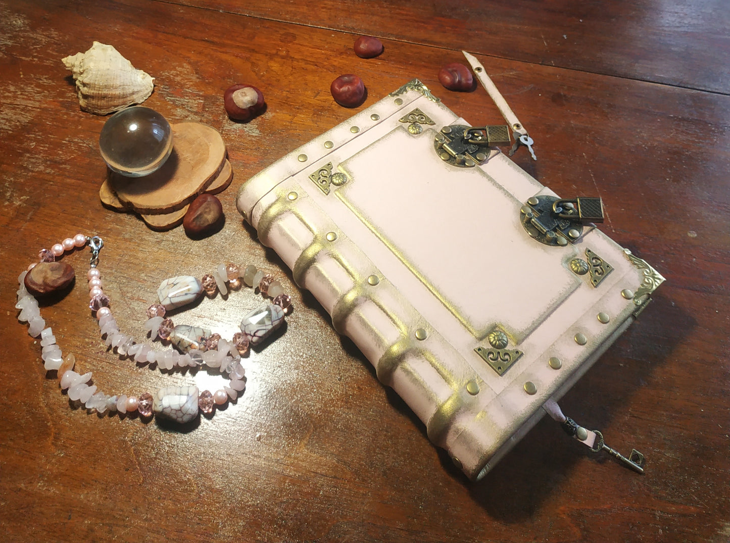 Pink Leather Journal with Double Locks – Handmade Vintage Lined Diary Book of Shadows Notebook