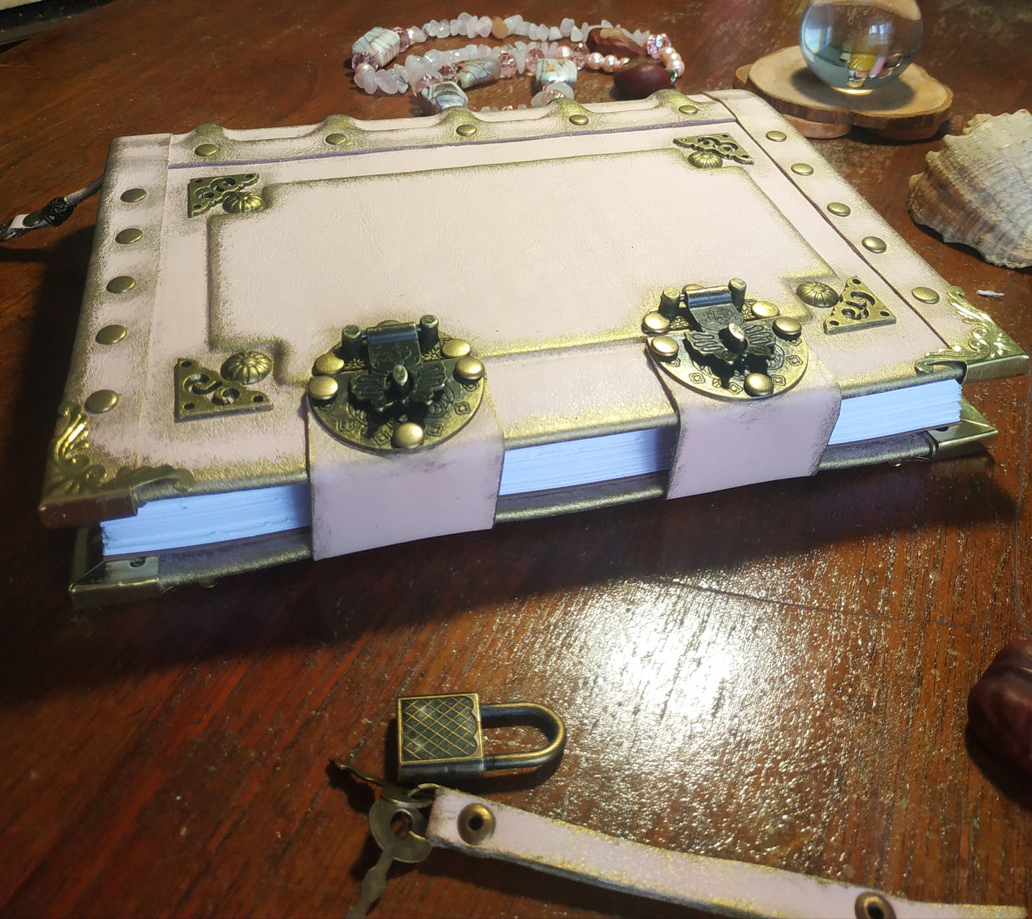 Pink Leather Journal with Double Locks – Handmade Vintage Lined Diary Book of Shadows Notebook