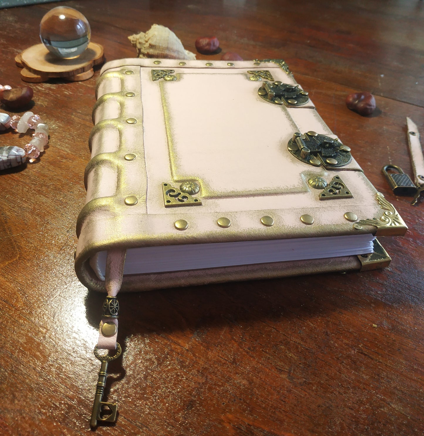 Pink Leather Journal with Double Locks – Handmade Vintage Lined Diary Book of Shadows Notebook
