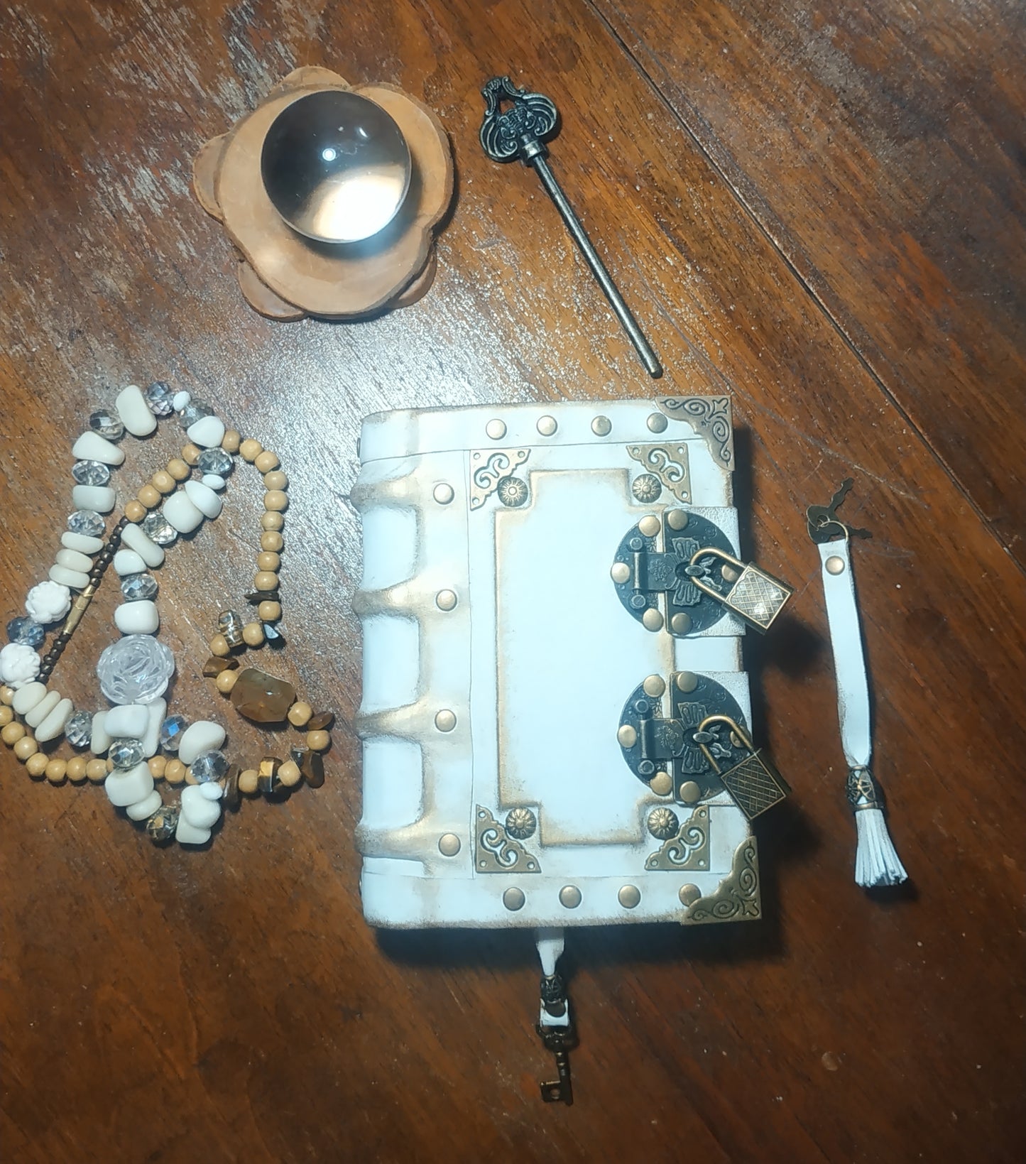 White Aged Leather Journal with Antique Locks – Medieval Wicca Grimoire Handmade Blank Vintage Notebook, 200 Pages