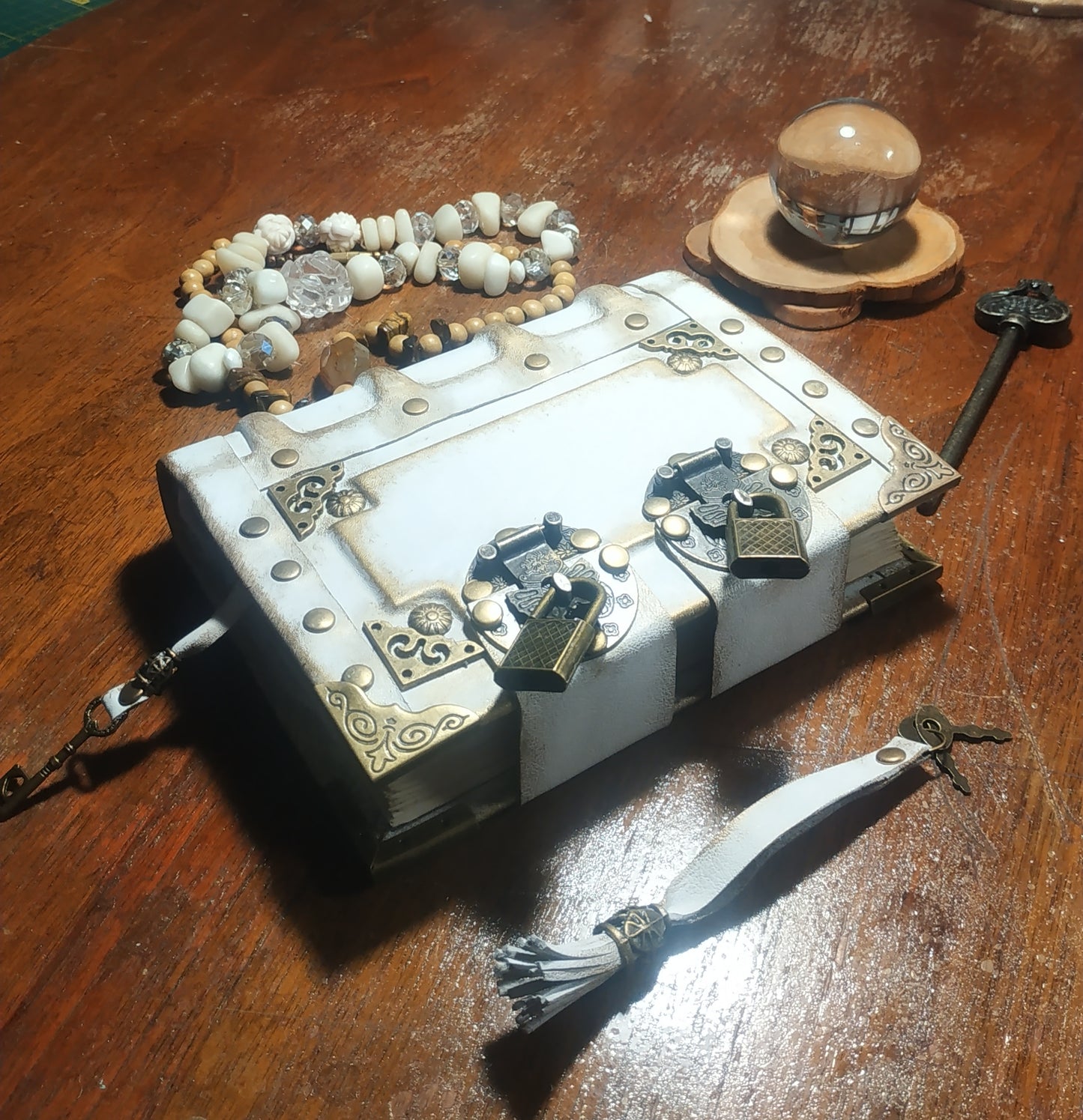 White Aged Leather Journal with Antique Locks – Medieval Wicca Grimoire Handmade Blank Vintage Notebook, 200 Pages