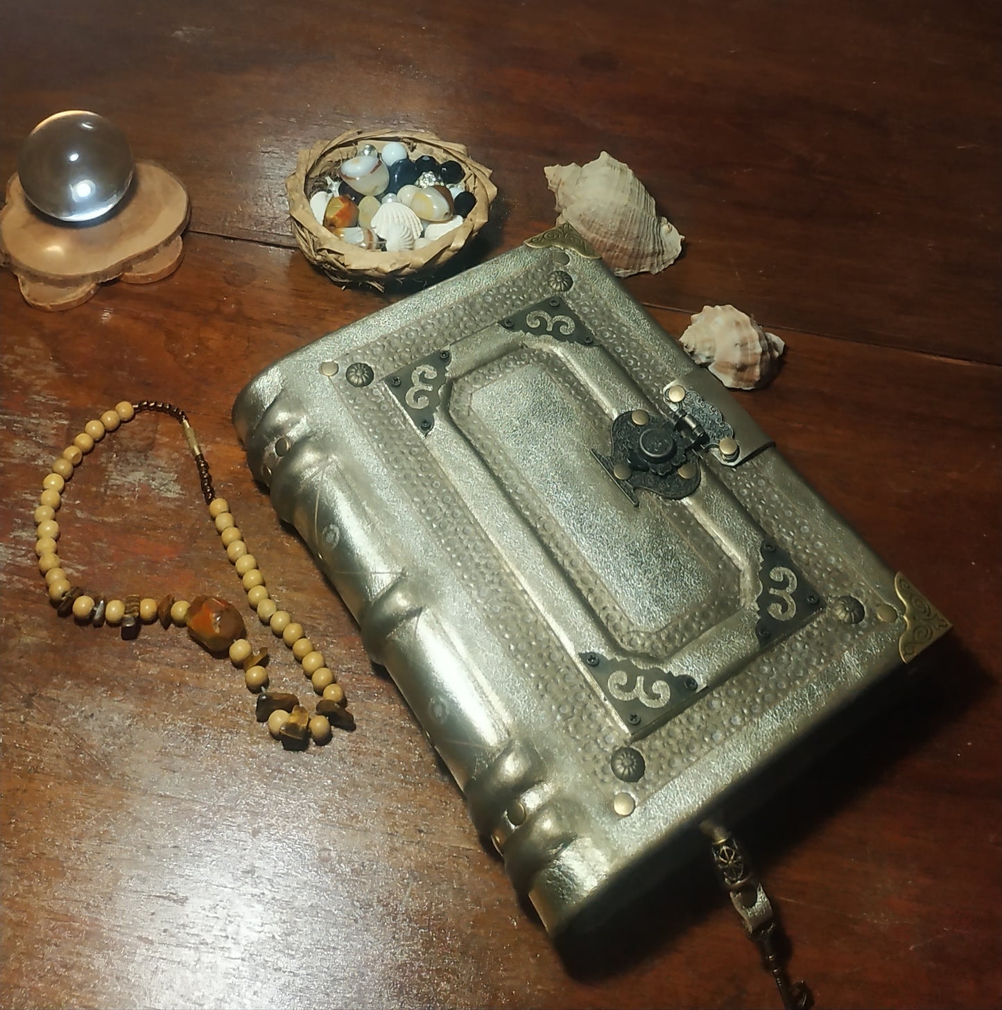 Gold Leather Journal with Antique Lock – Handmade Vintage Notebook Book of Shadows