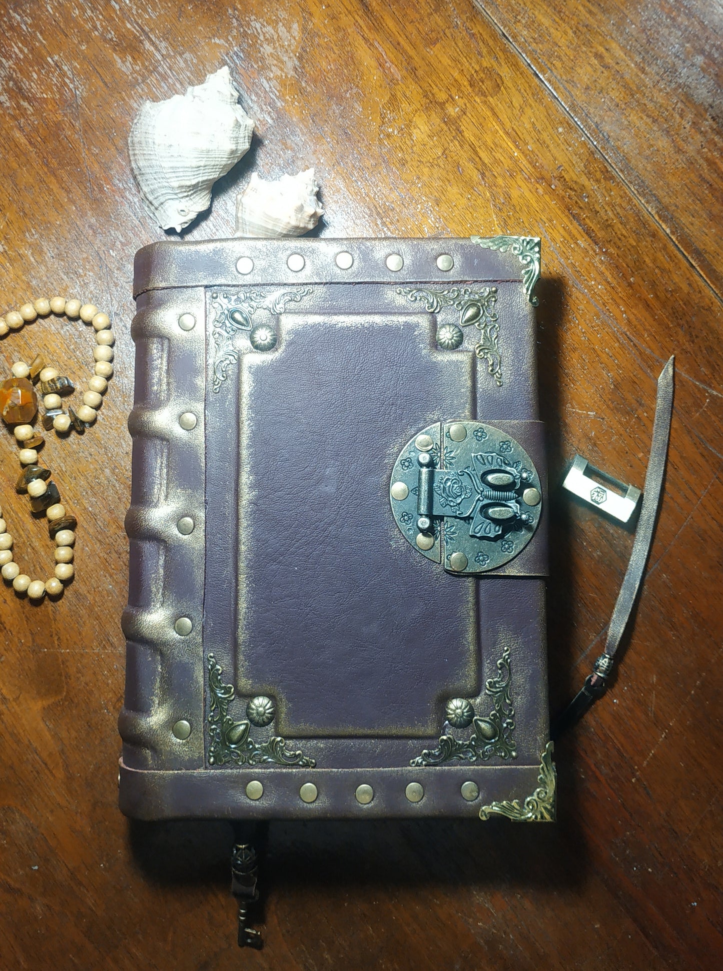 Gothic Bordeaux Leather Journal with Antique Lock – Handmade Vintage Notebook Book of Shadows