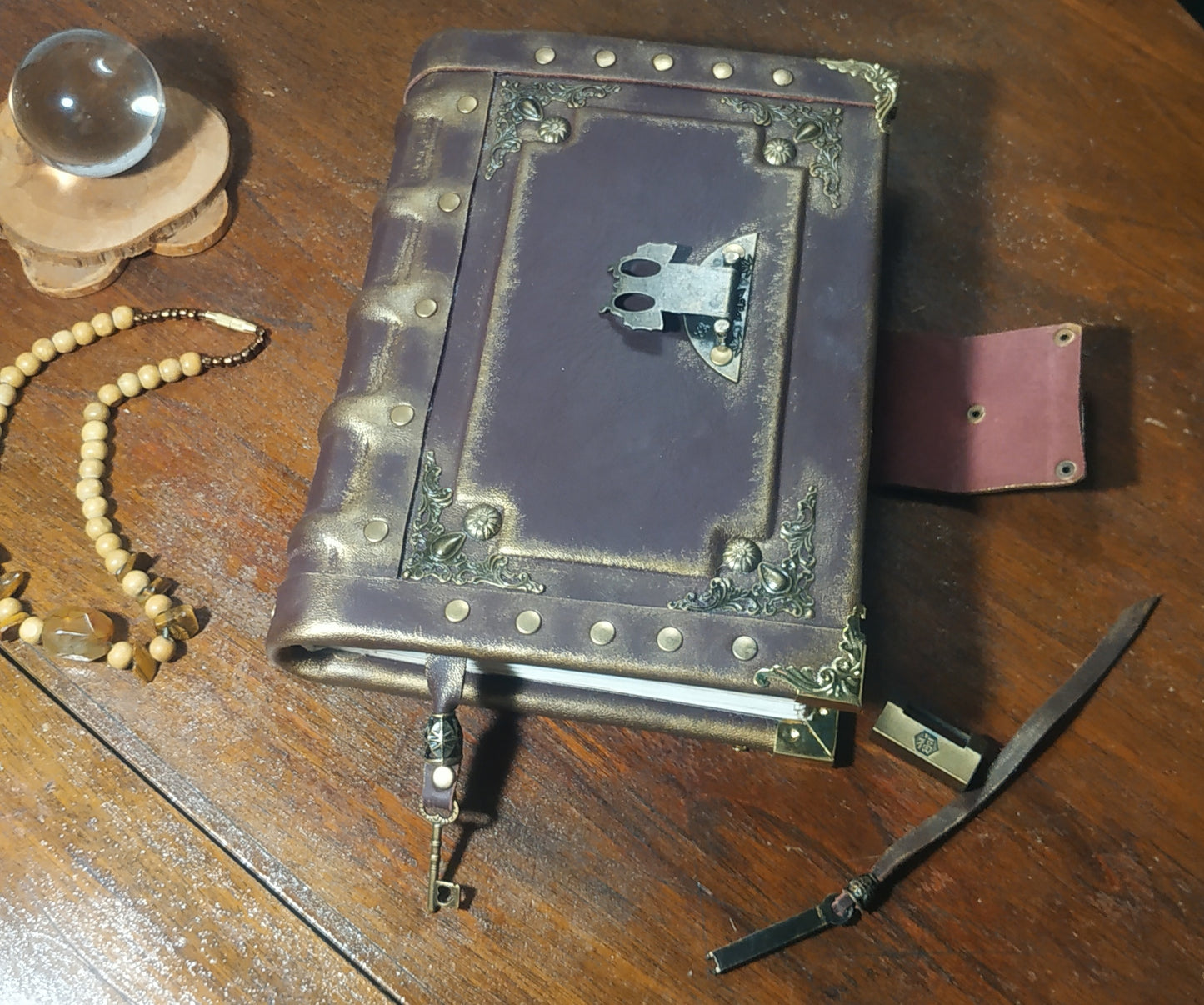 Gothic Bordeaux Leather Journal with Antique Lock – Handmade Vintage Notebook Book of Shadows