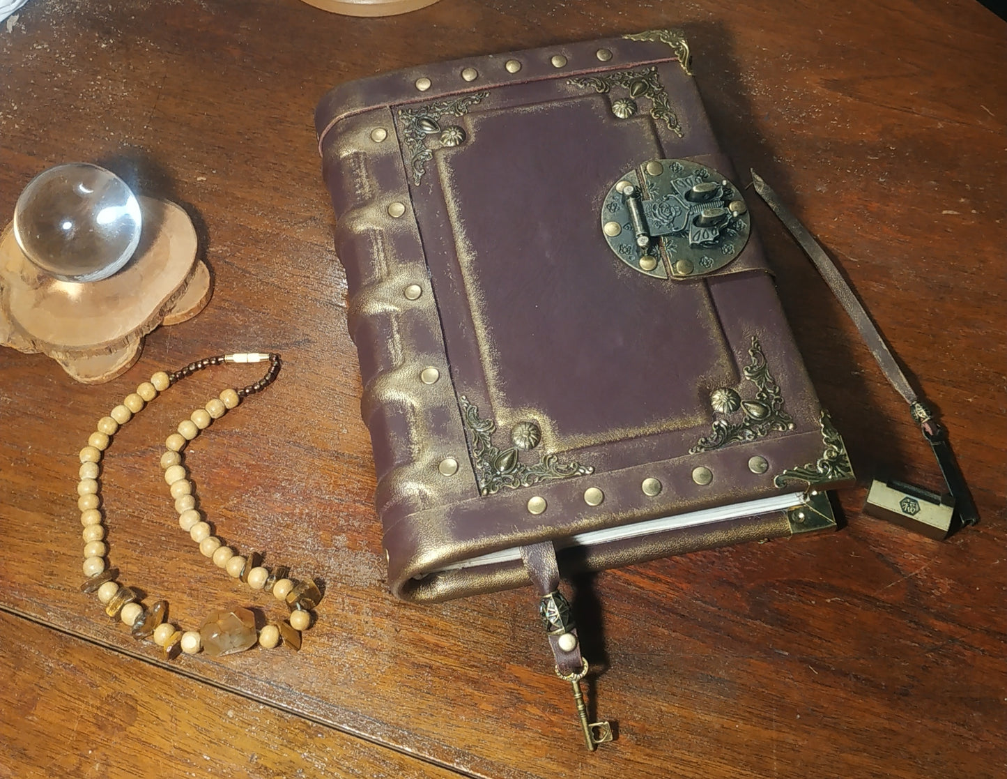 Gothic Bordeaux Leather Journal with Antique Lock – Handmade Vintage Notebook Book of Shadows