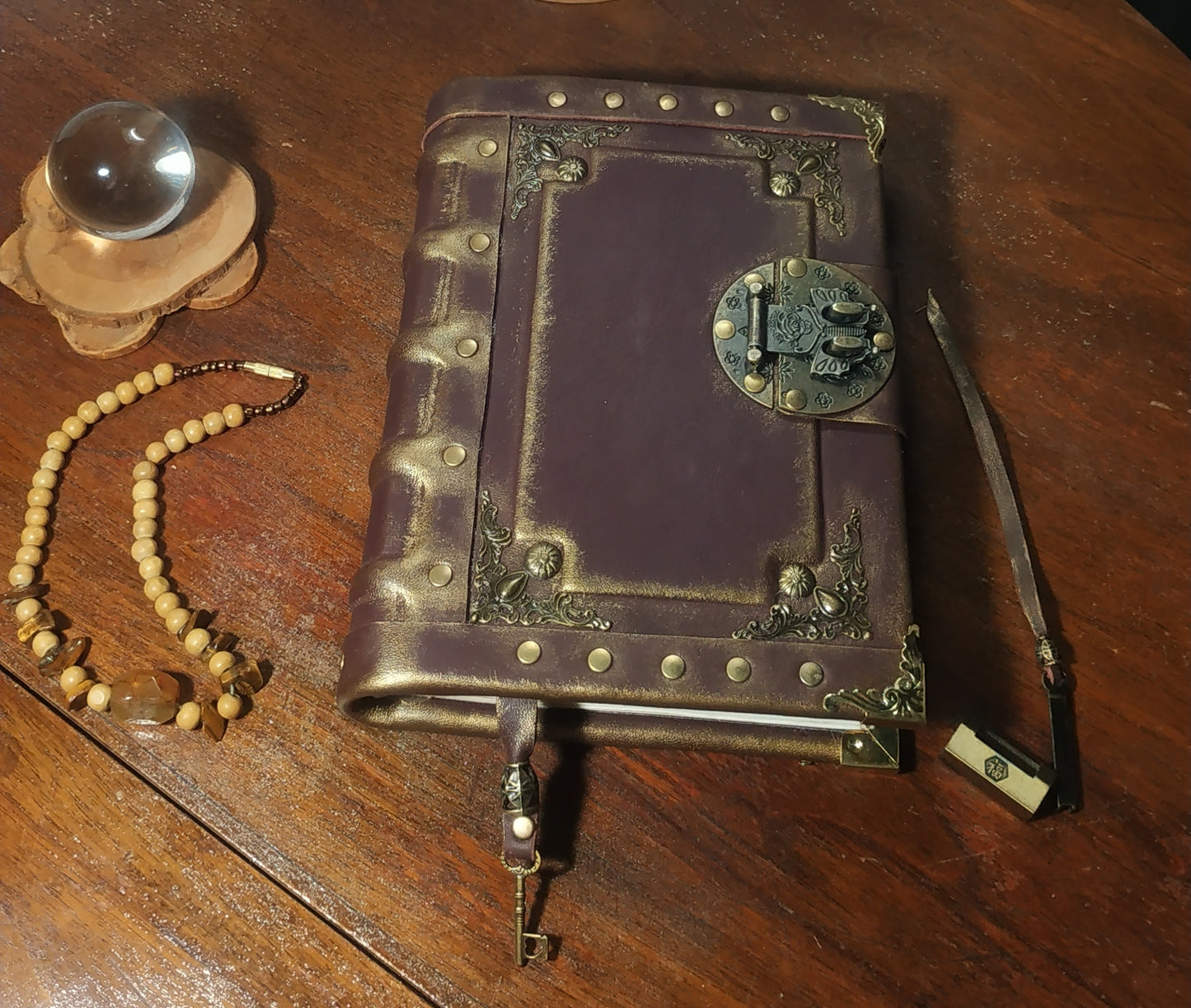 Gothic Bordeaux Leather Journal with Antique Lock – Handmade Vintage Notebook Book of Shadows