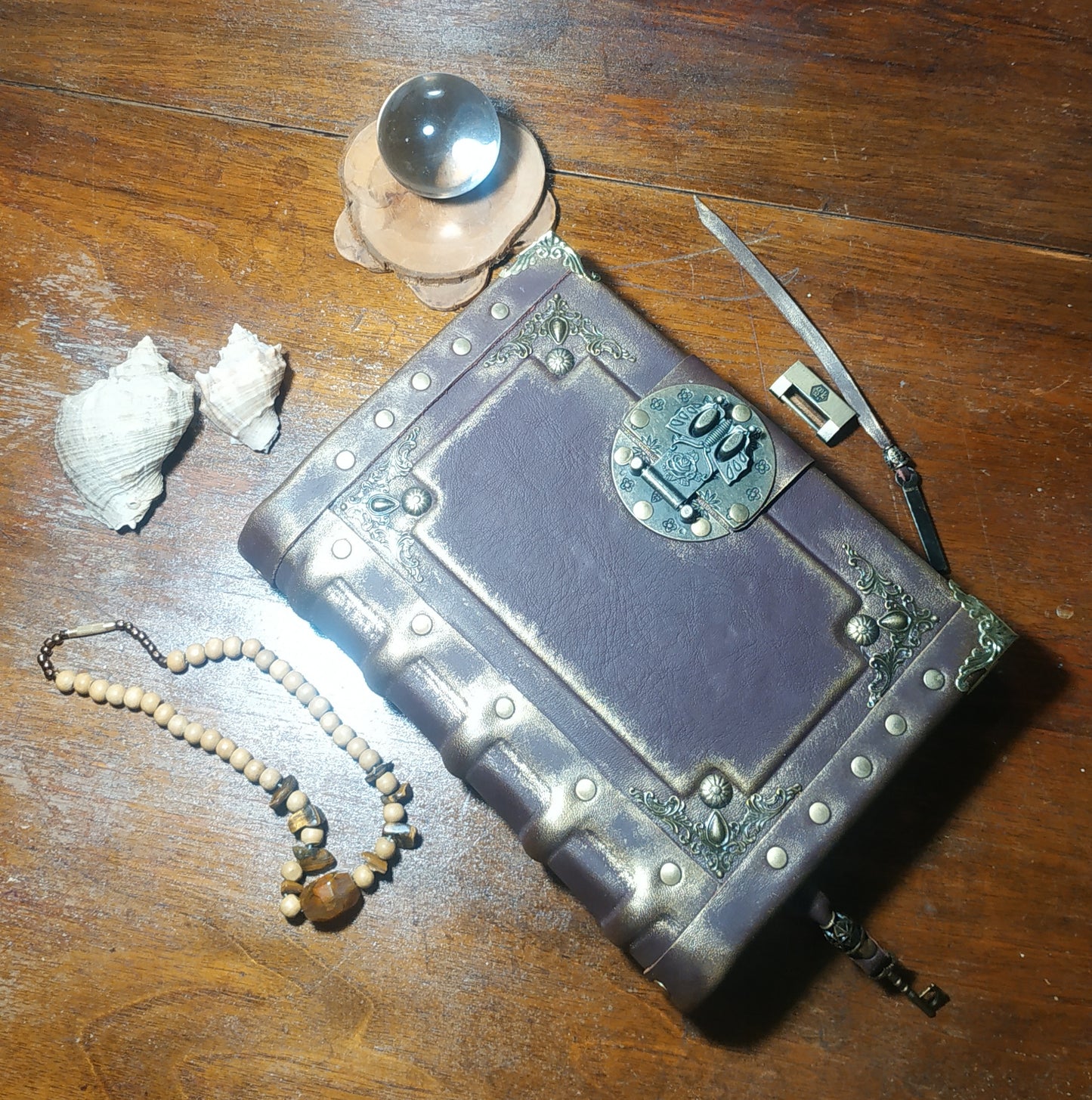 Gothic Bordeaux Leather Journal with Antique Lock – Handmade Vintage Notebook Book of Shadows