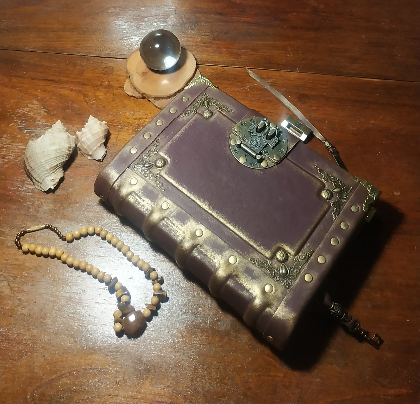 Gothic Bordeaux Leather Journal with Antique Lock – Handmade Vintage Notebook Book of Shadows