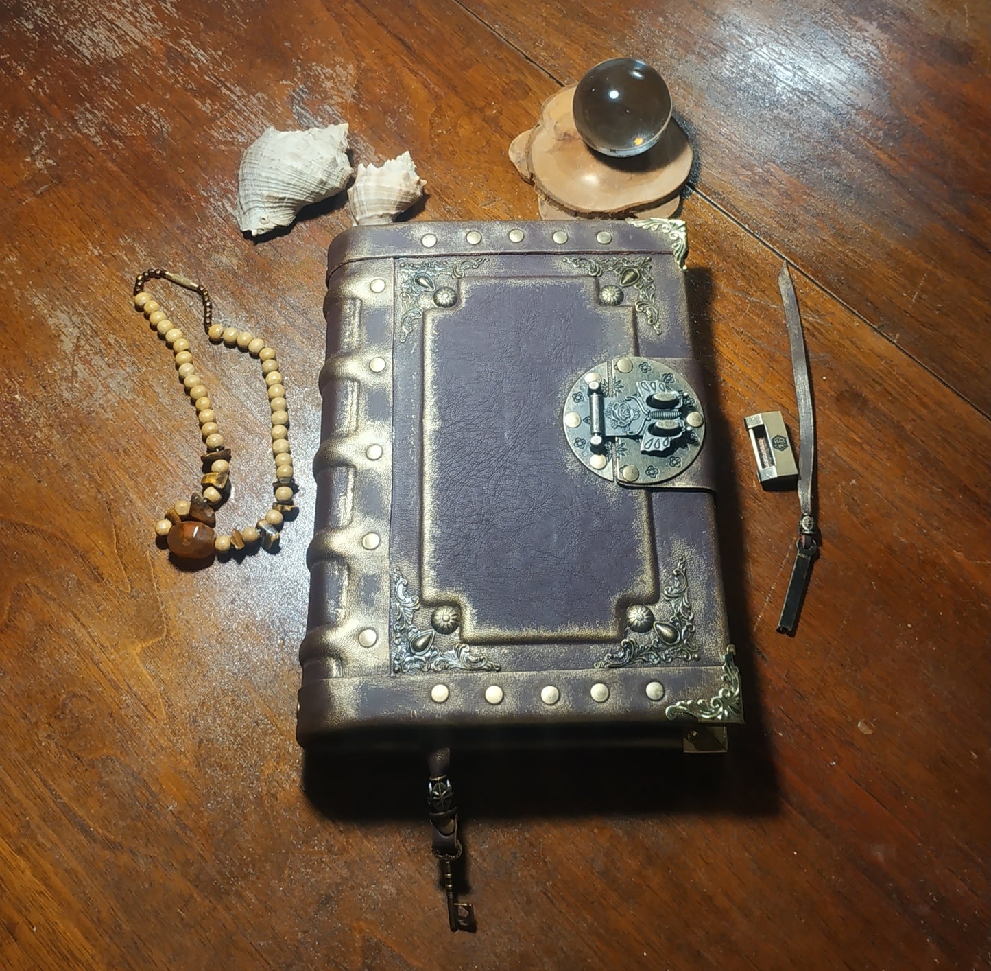 Gothic Bordeaux Leather Journal with Antique Lock – Handmade Vintage Notebook Book of Shadows