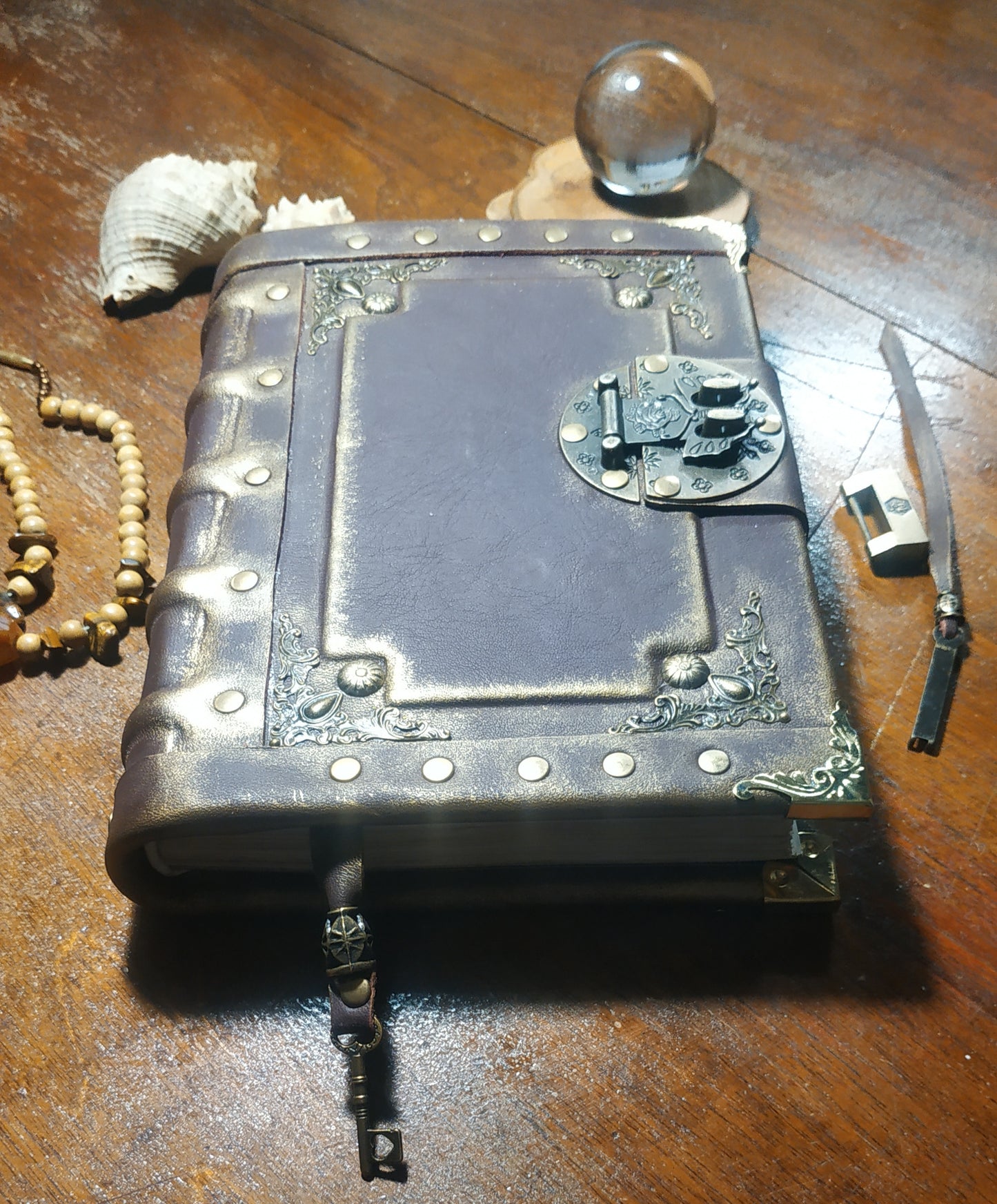Gothic Bordeaux Leather Journal with Antique Lock – Handmade Vintage Notebook Book of Shadows