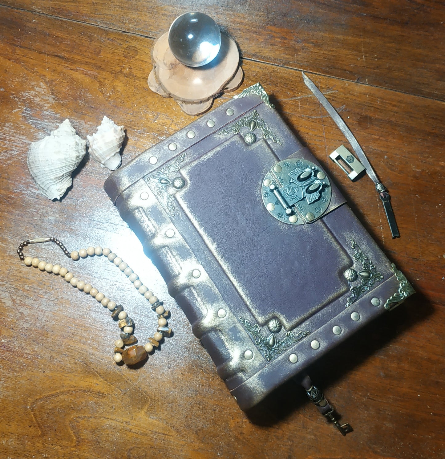 Gothic Bordeaux Leather Journal with Antique Lock – Handmade Vintage Notebook Book of Shadows