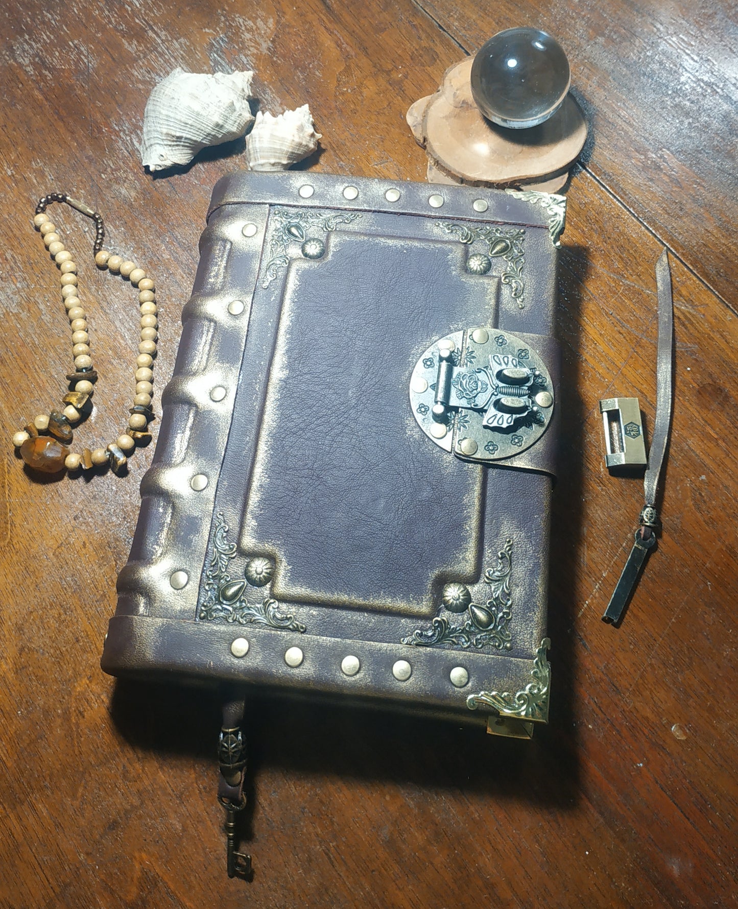 Gothic Bordeaux Leather Journal with Antique Lock – Handmade Vintage Notebook Book of Shadows