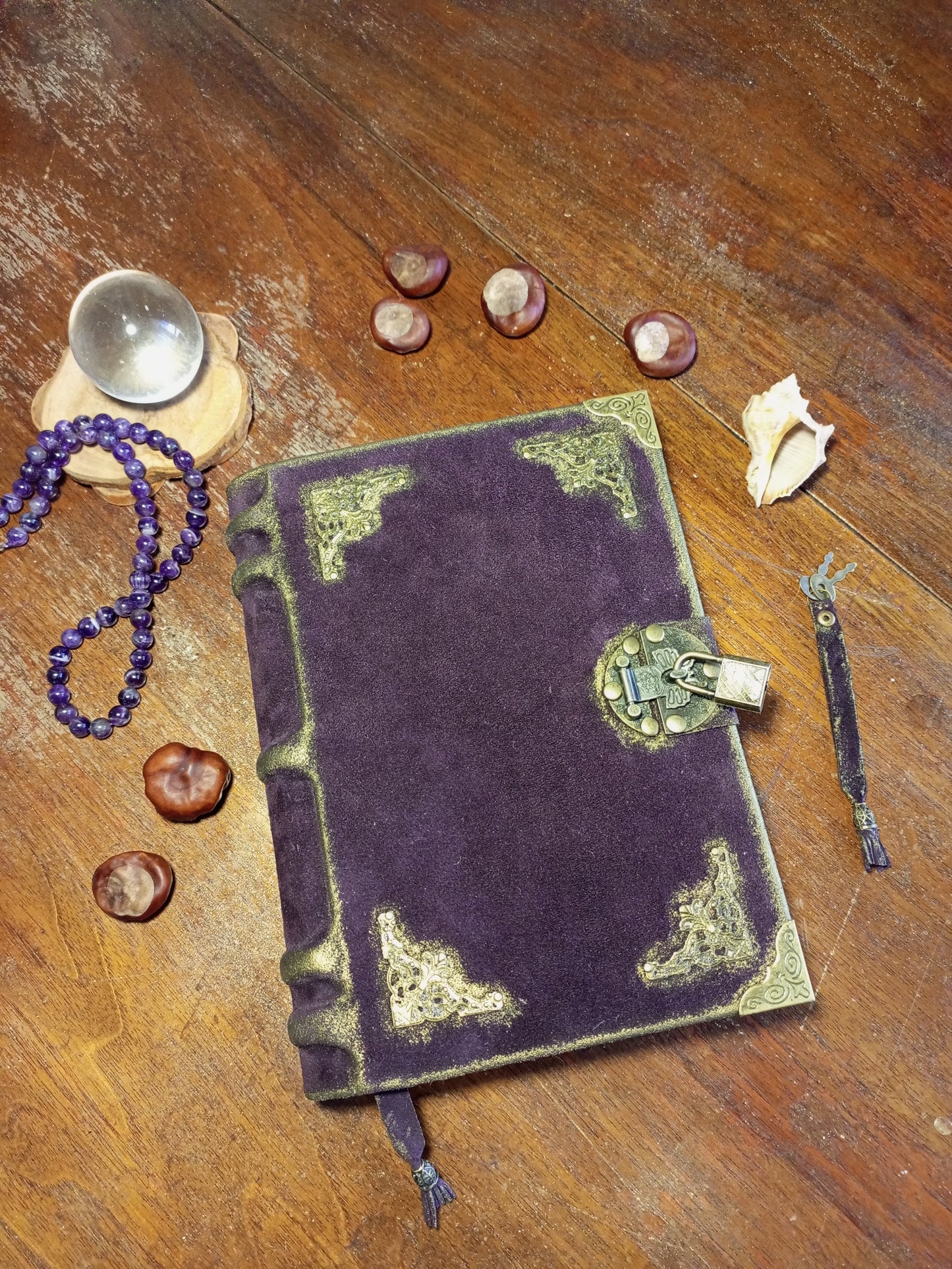Violet Suede Leather Grimoire – Handmade Purple Journal with Aged Pages & Vintage Lock