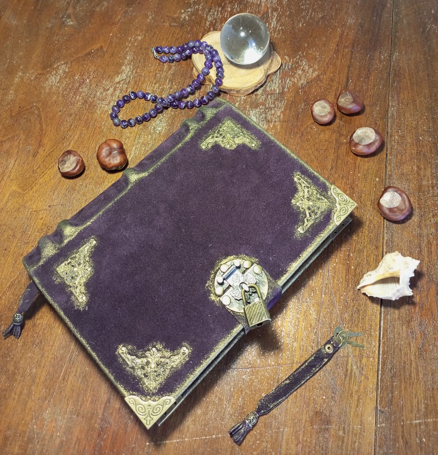 Violet Suede Leather Grimoire – Handmade Purple Journal with Aged Pages & Vintage Lock