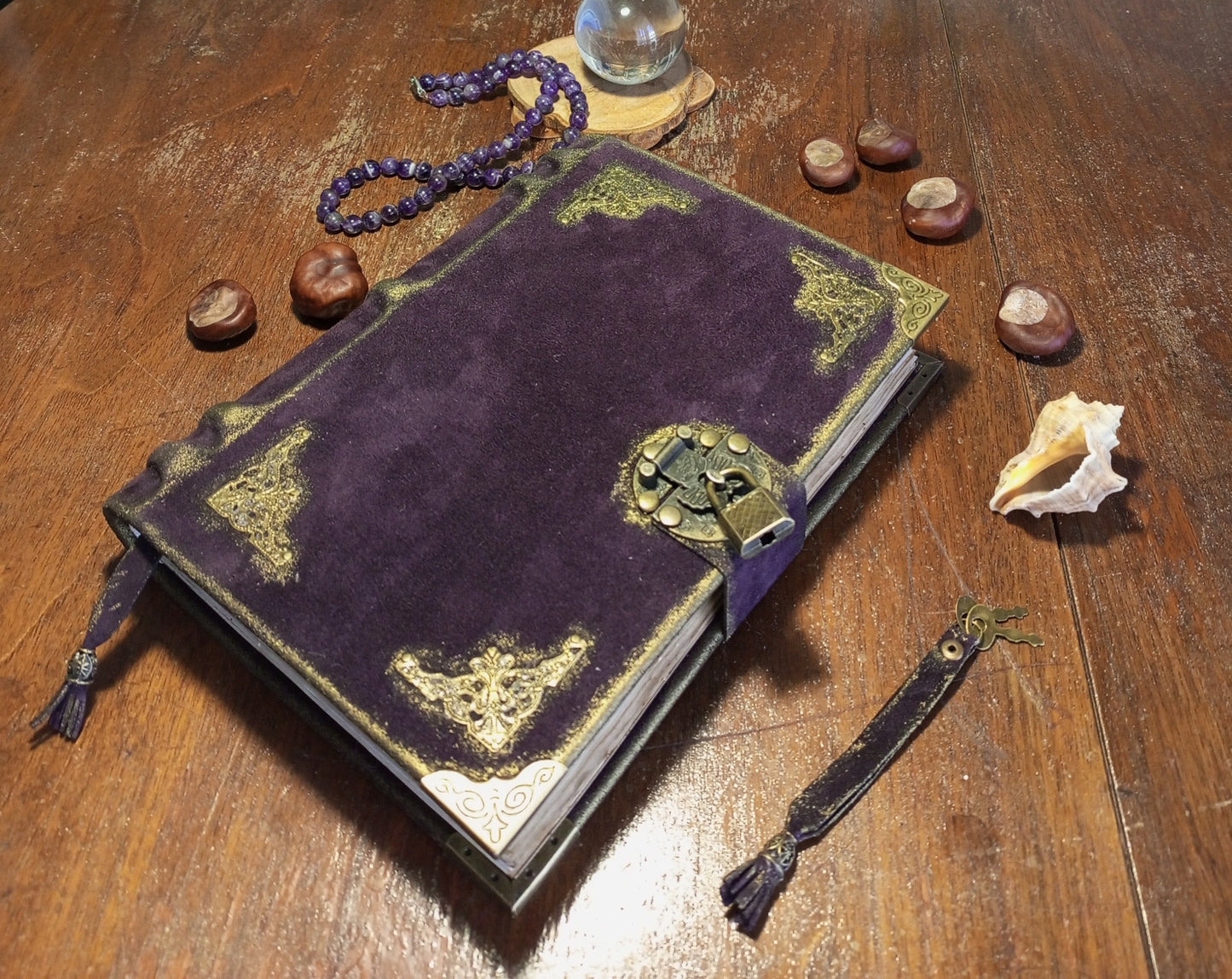 Violet Suede Leather Grimoire – Handmade Purple Journal with Aged Pages & Vintage Lock