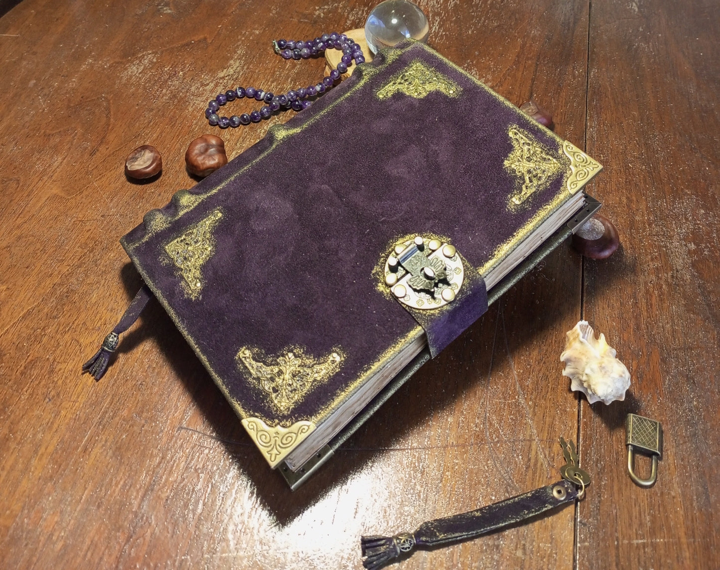 Violet Suede Leather Grimoire – Handmade Purple Journal with Aged Pages & Vintage Lock
