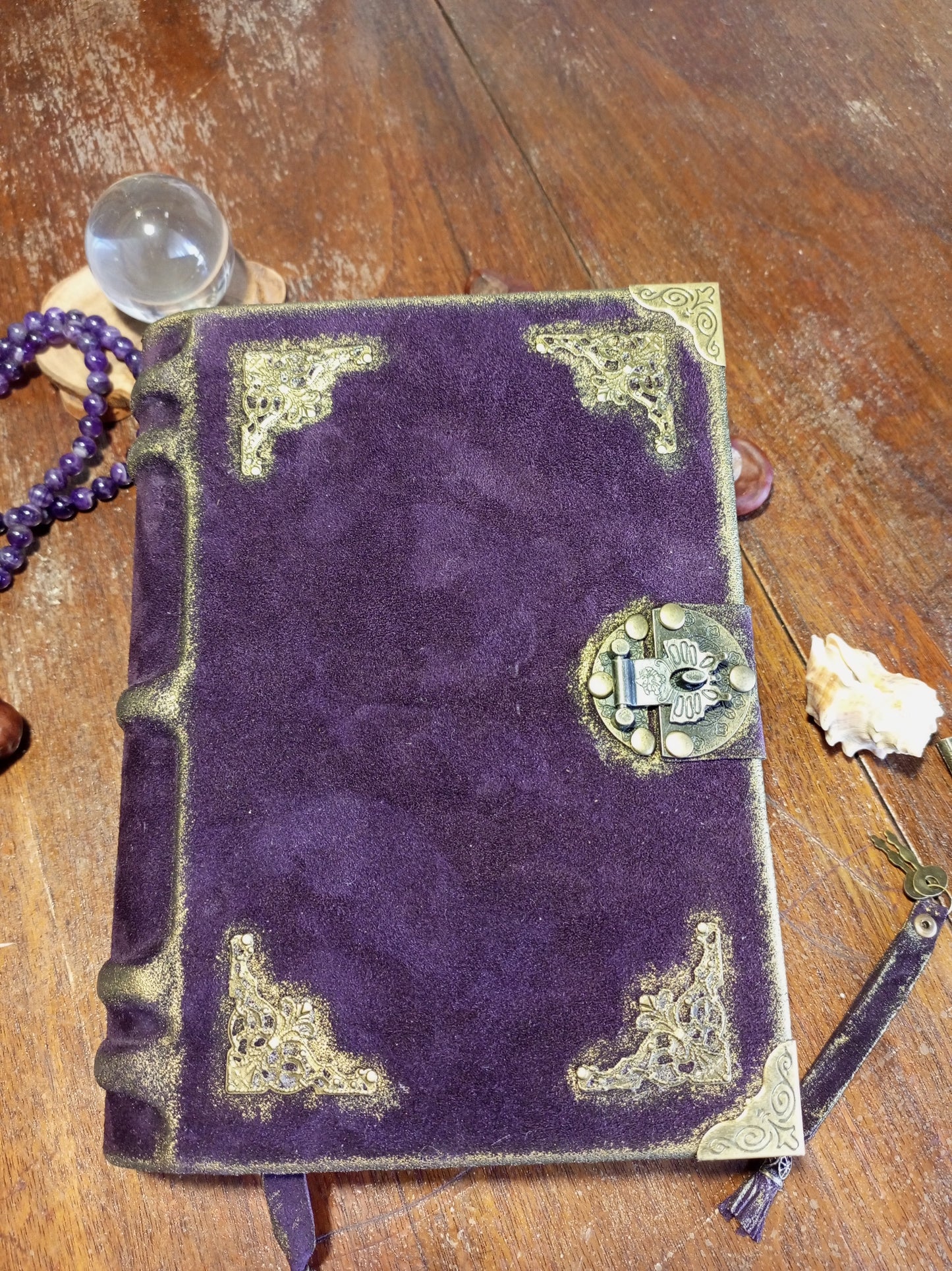 Violet Suede Leather Grimoire – Handmade Purple Journal with Aged Pages & Vintage Lock