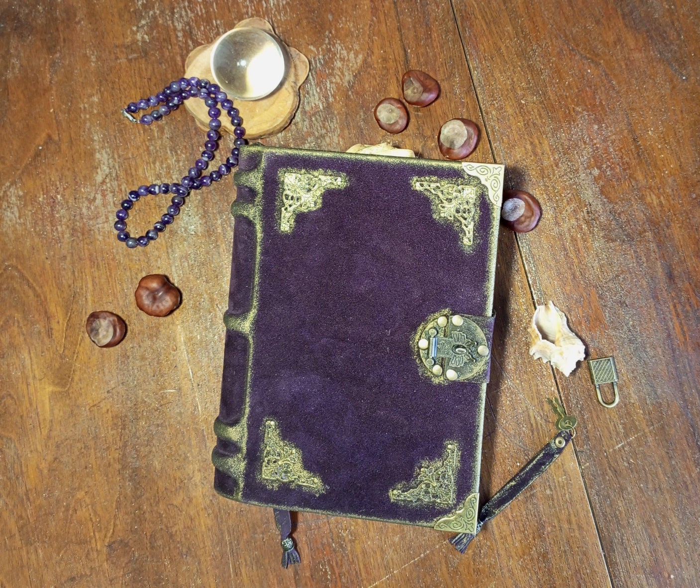 Violet Suede Leather Grimoire – Handmade Purple Journal with Aged Pages & Vintage Lock