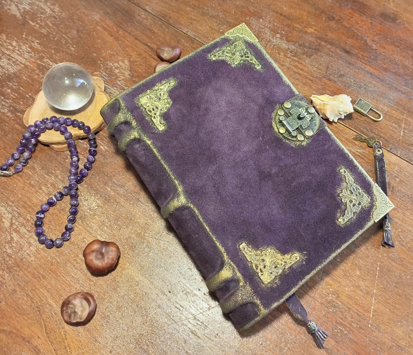 Violet Suede Leather Grimoire – Handmade Purple Journal with Aged Pages & Vintage Lock