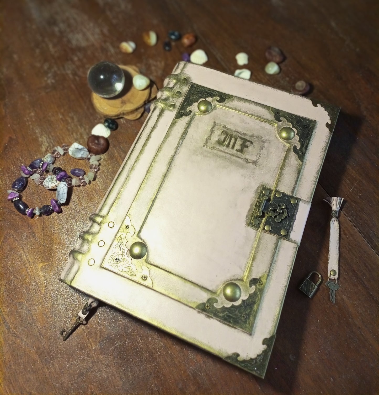 Personalized Pink Leather Grimoire – Engraved Book of Shadows with Antique Lock, Handmade Journal