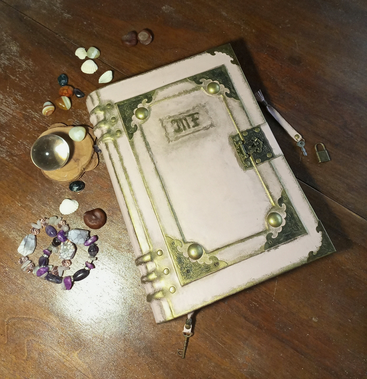 Personalized Pink Leather Grimoire – Engraved Book of Shadows with Antique Lock, Handmade Journal